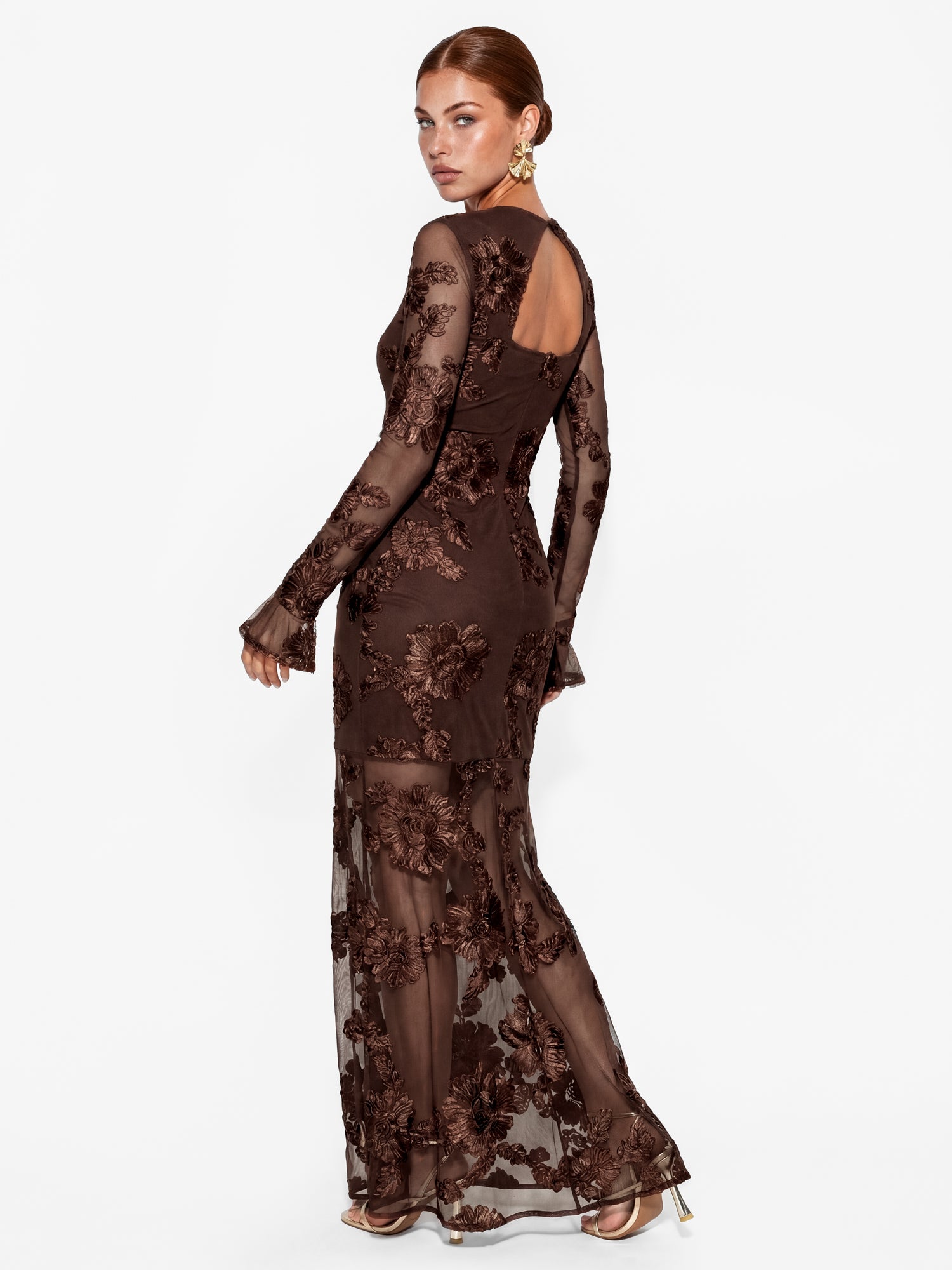 Maya Chocolate 3D Floral Applique Long Sleeve Mesh Maxi Dress