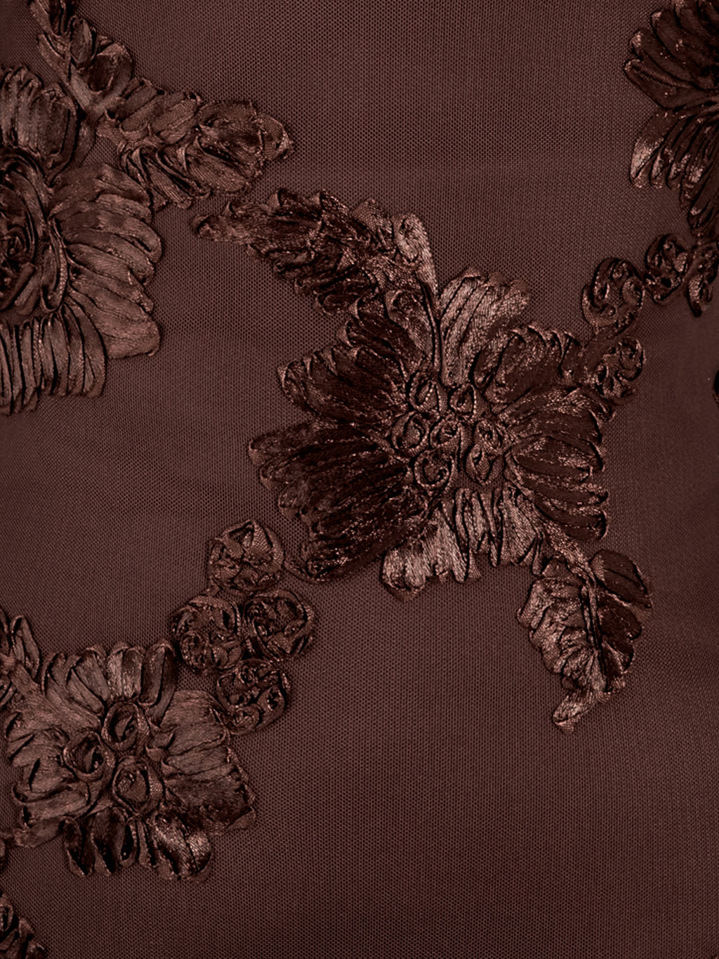 Maya Chocolate 3D Floral Applique Long Sleeve Mesh Maxi Dress