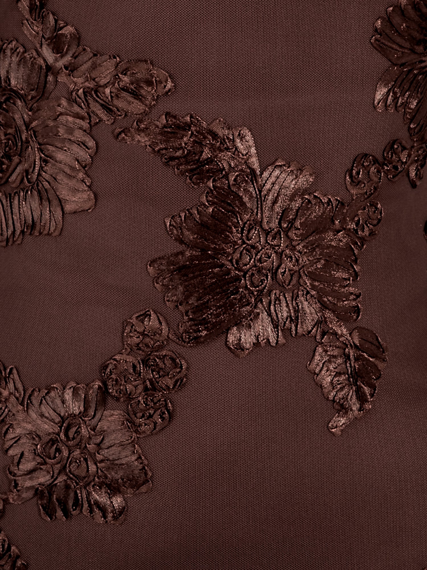 Maya Chocolate 3D Floral Applique Long Sleeve Mesh Maxi Dress