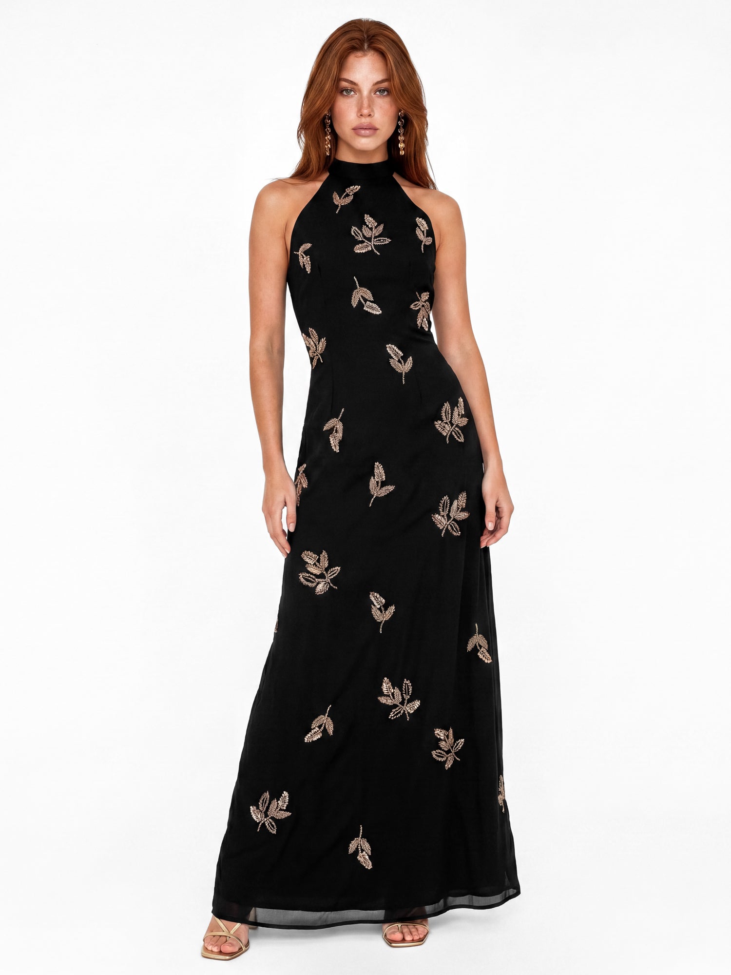 Maya Black Embellished Halter Neck & Open Back Maxi Dress