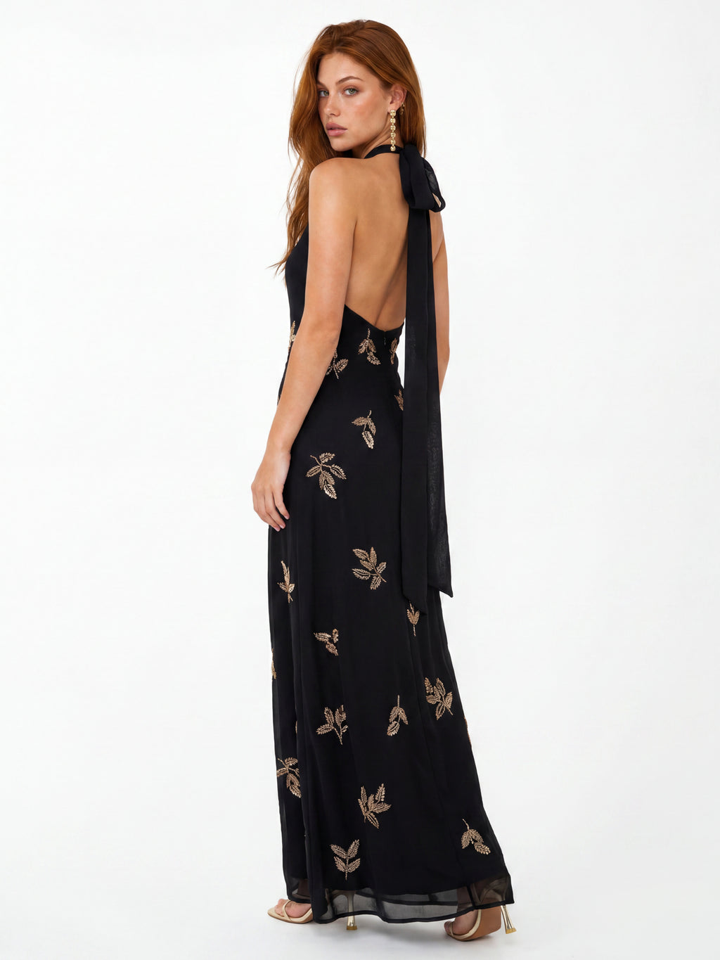 Maya Black Embellished Halter Neck & Open Back Maxi Dress