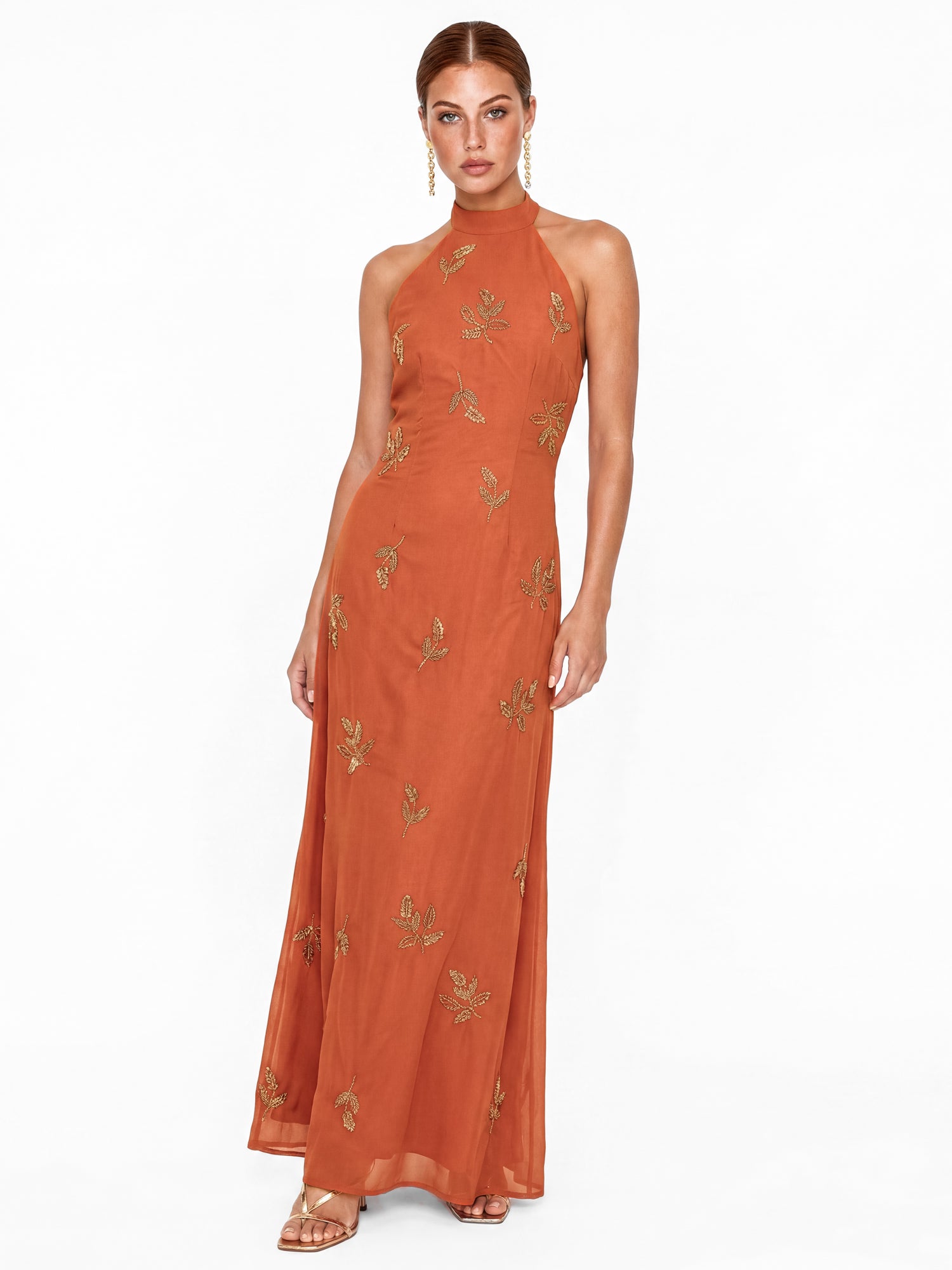 Maya Burnt Orange Embellished Halter Neck & Open Back Maxi Dress