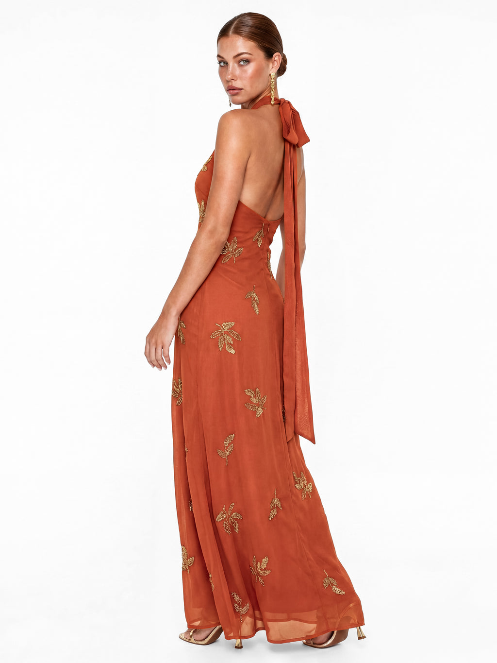 Maya Burnt Orange Embellished Halter Neck & Open Back Maxi Dress