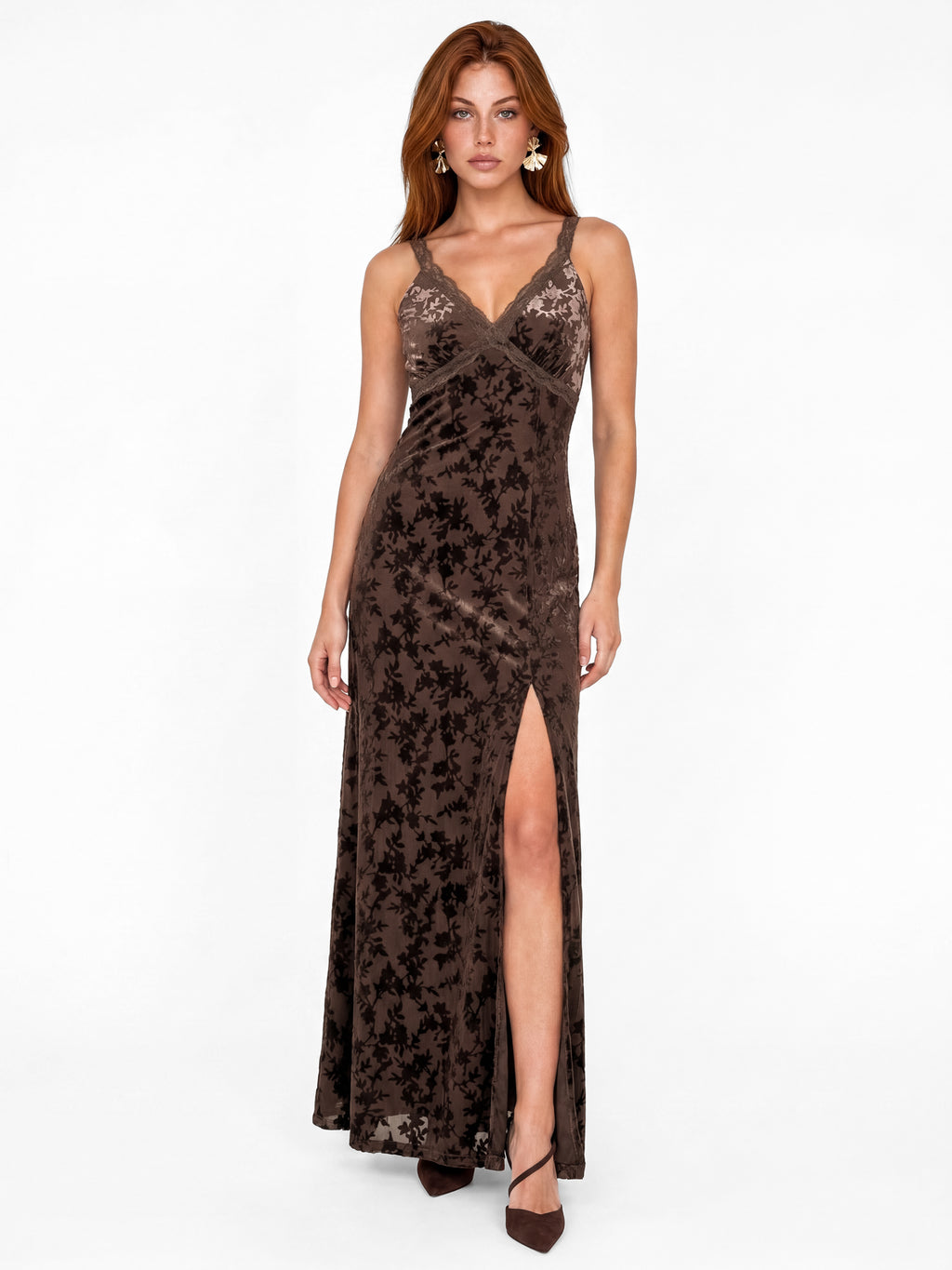 Maya Chocolate Velvet Devore Strappy Maxi Dress with Lace Trims