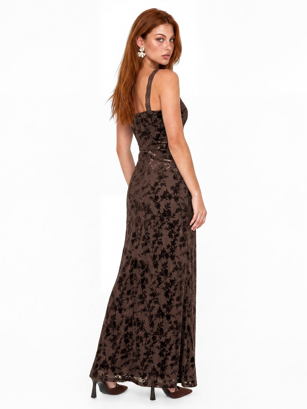 Maya Chocolate Velvet Devore Strappy Maxi Dress with Lace Trims