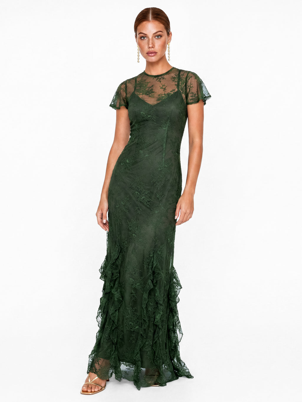 Maya Forest Green Flutter Sleeve Lace Maxi Dress with Ruffle Detail