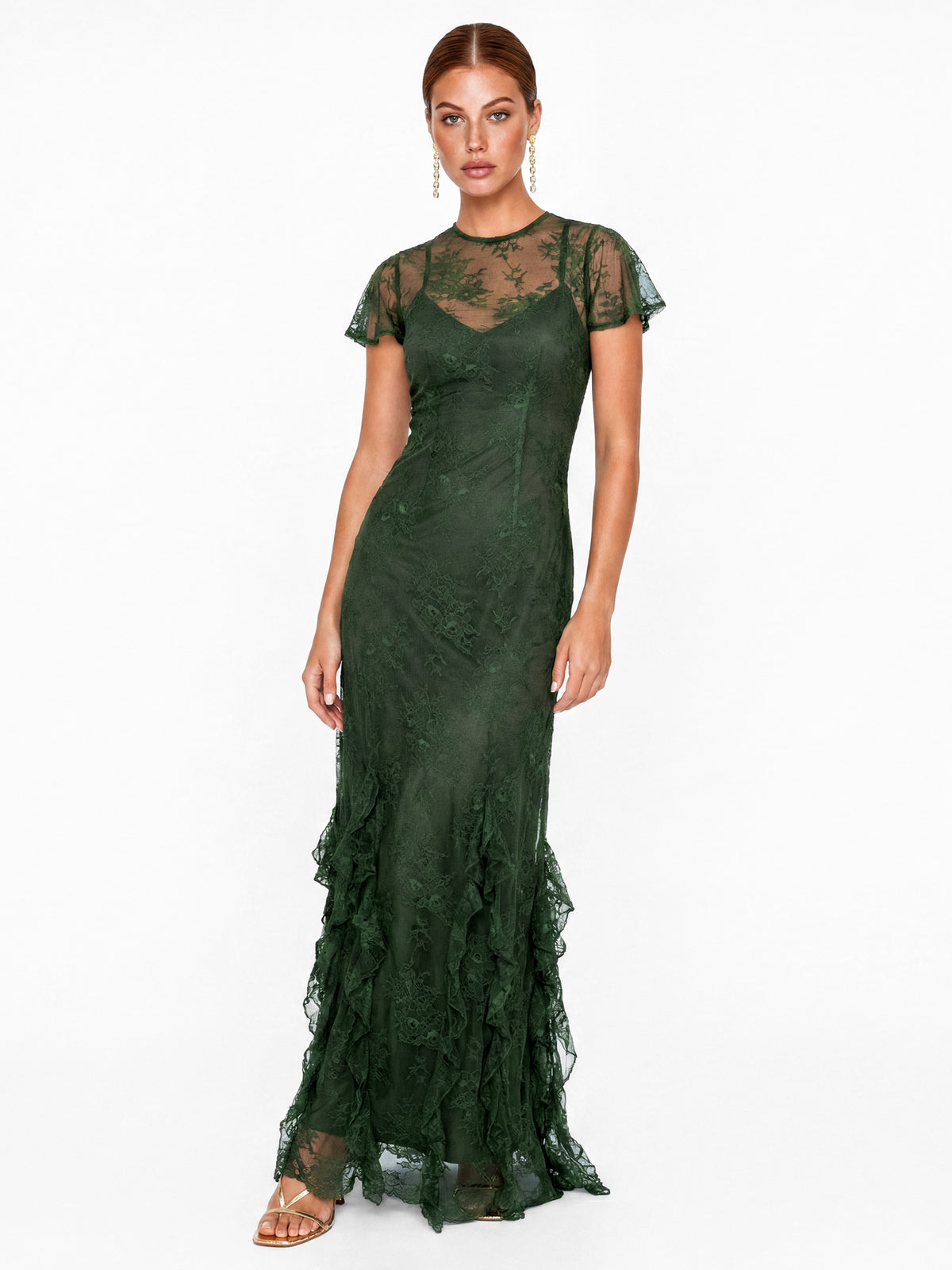 Maya Forest Green Flutter Sleeve Lace Maxi Dress with Ruffle Detail