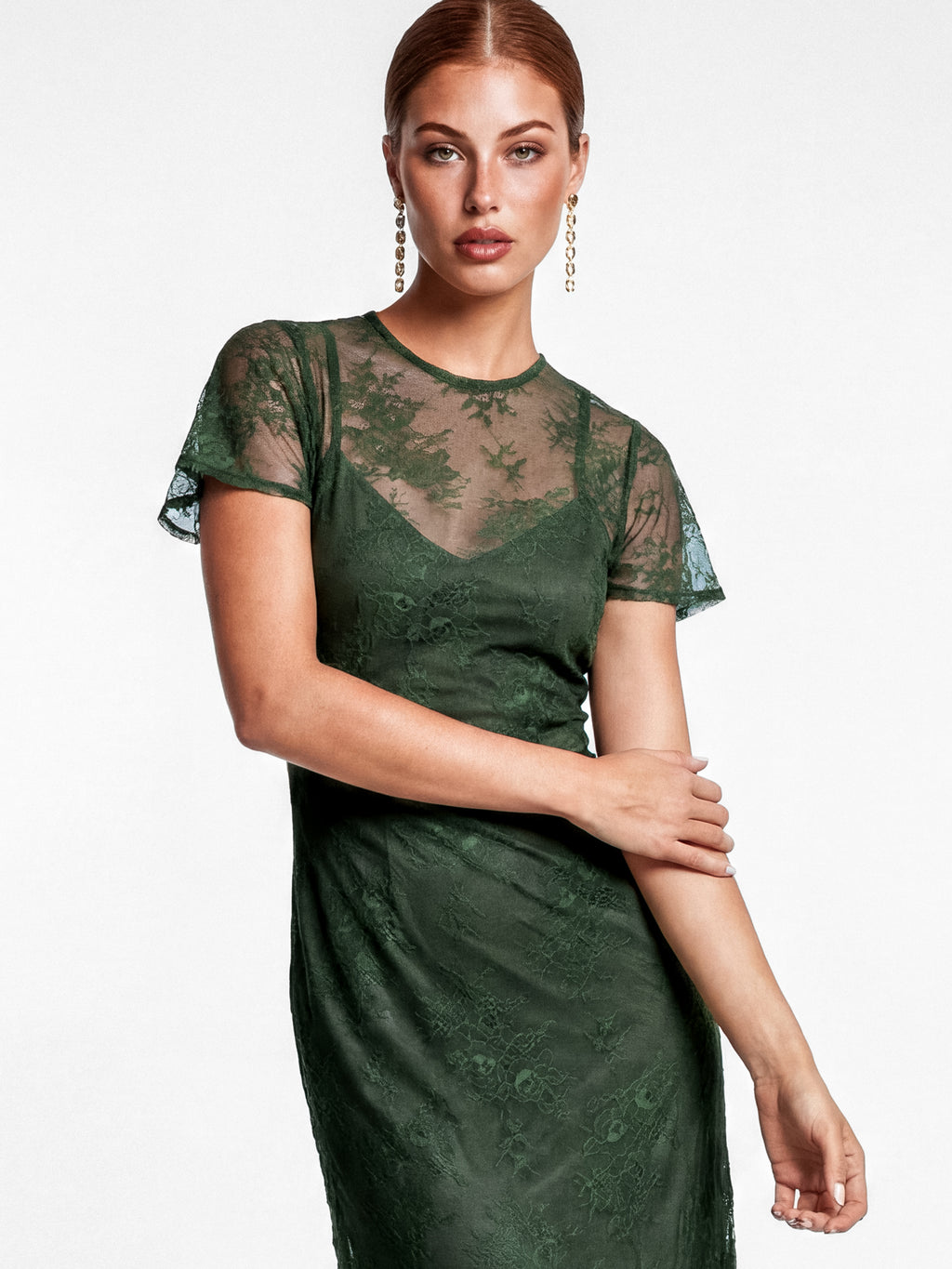 Maya Forest Green Flutter Sleeve Lace Maxi Dress with Ruffle Detail