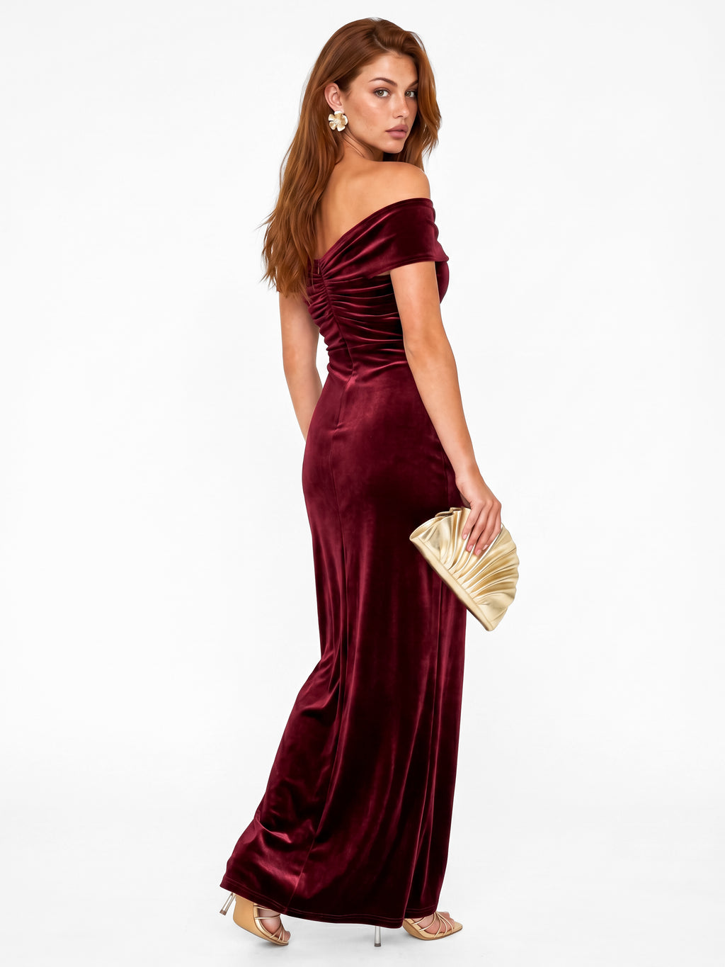 Maya Cranberry Twist Front Bardot Velvet Maxi Dress