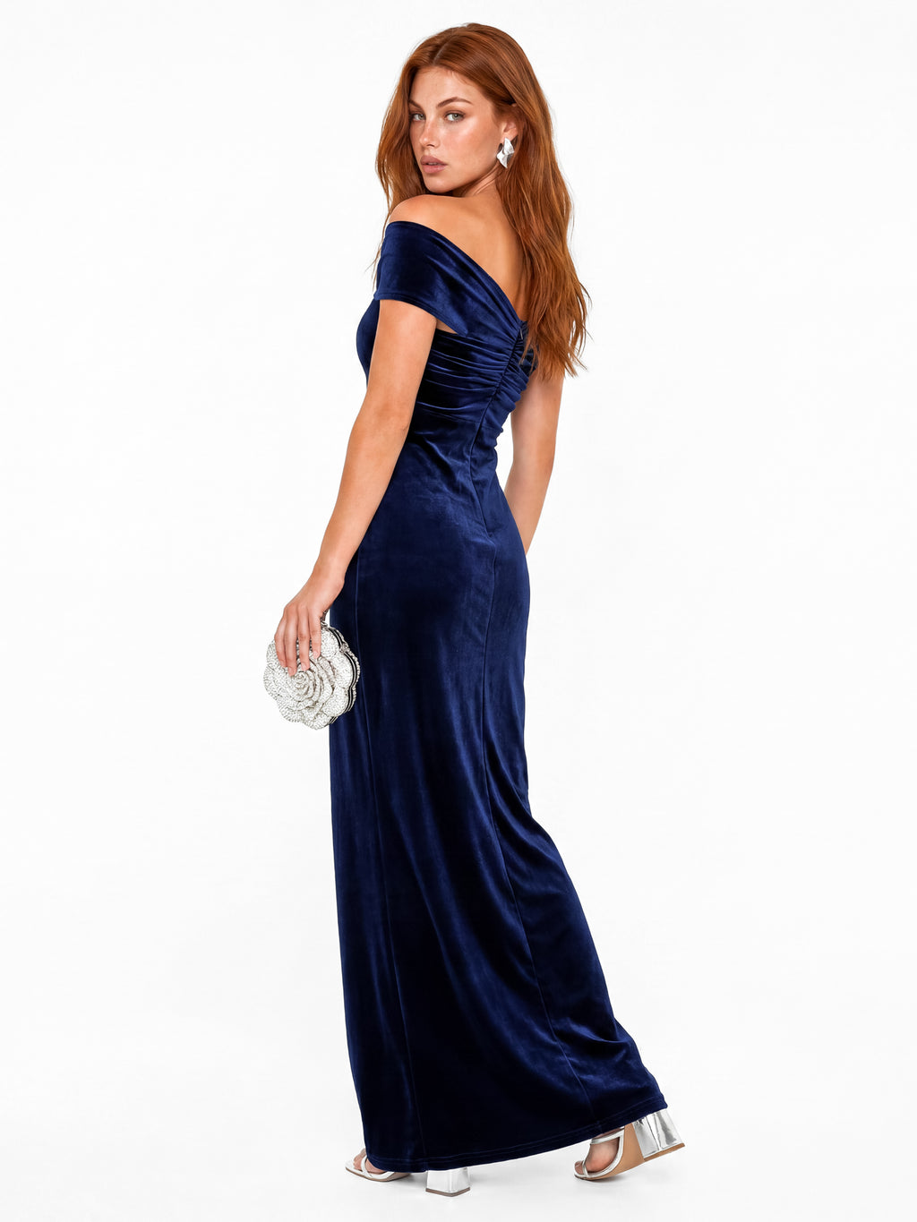 Maya Navy Twist Front Bardot Velvet Maxi Dress