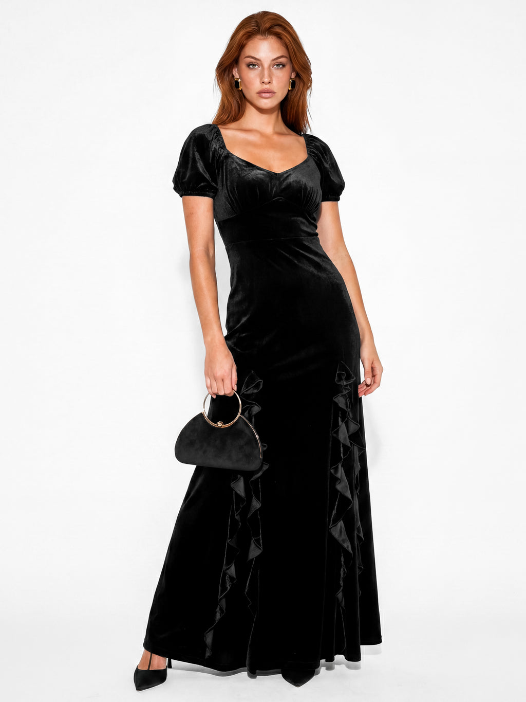 Maya Black Short Sleeve Waterfall Ruffle Velvet Maxi Dress