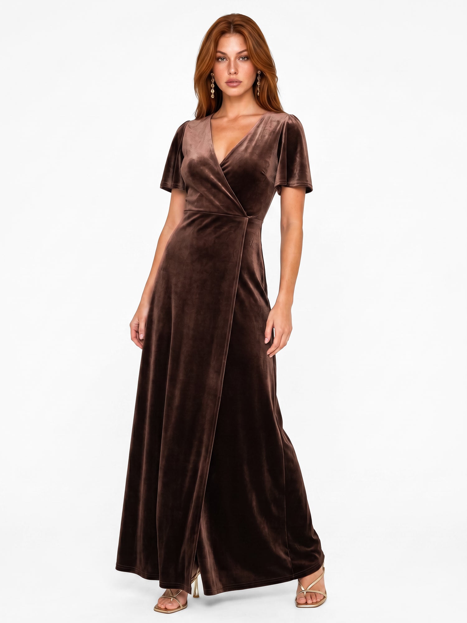 Maya Chocolate Faux Wrap Short Sleeve Velvet Maxi Dress