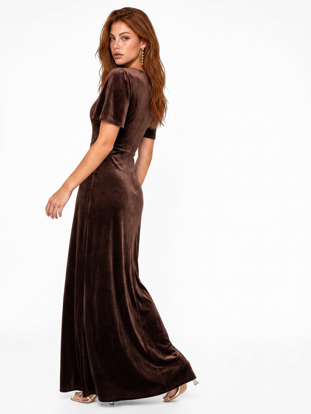 Maya Chocolate Faux Wrap Short Sleeve Velvet Maxi Dress
