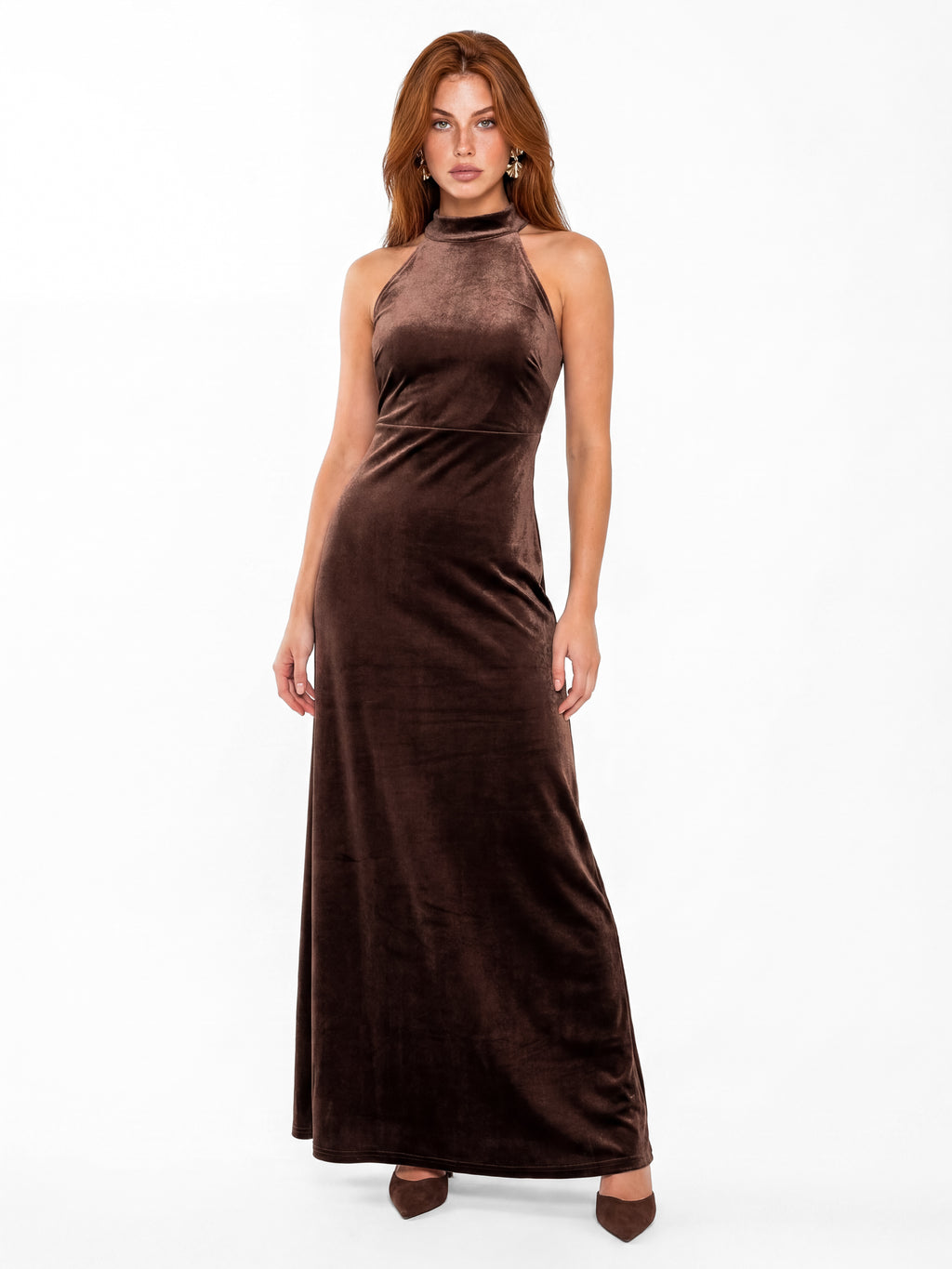 Maya Chocolate Halter Neck Velvet Maxi Dress