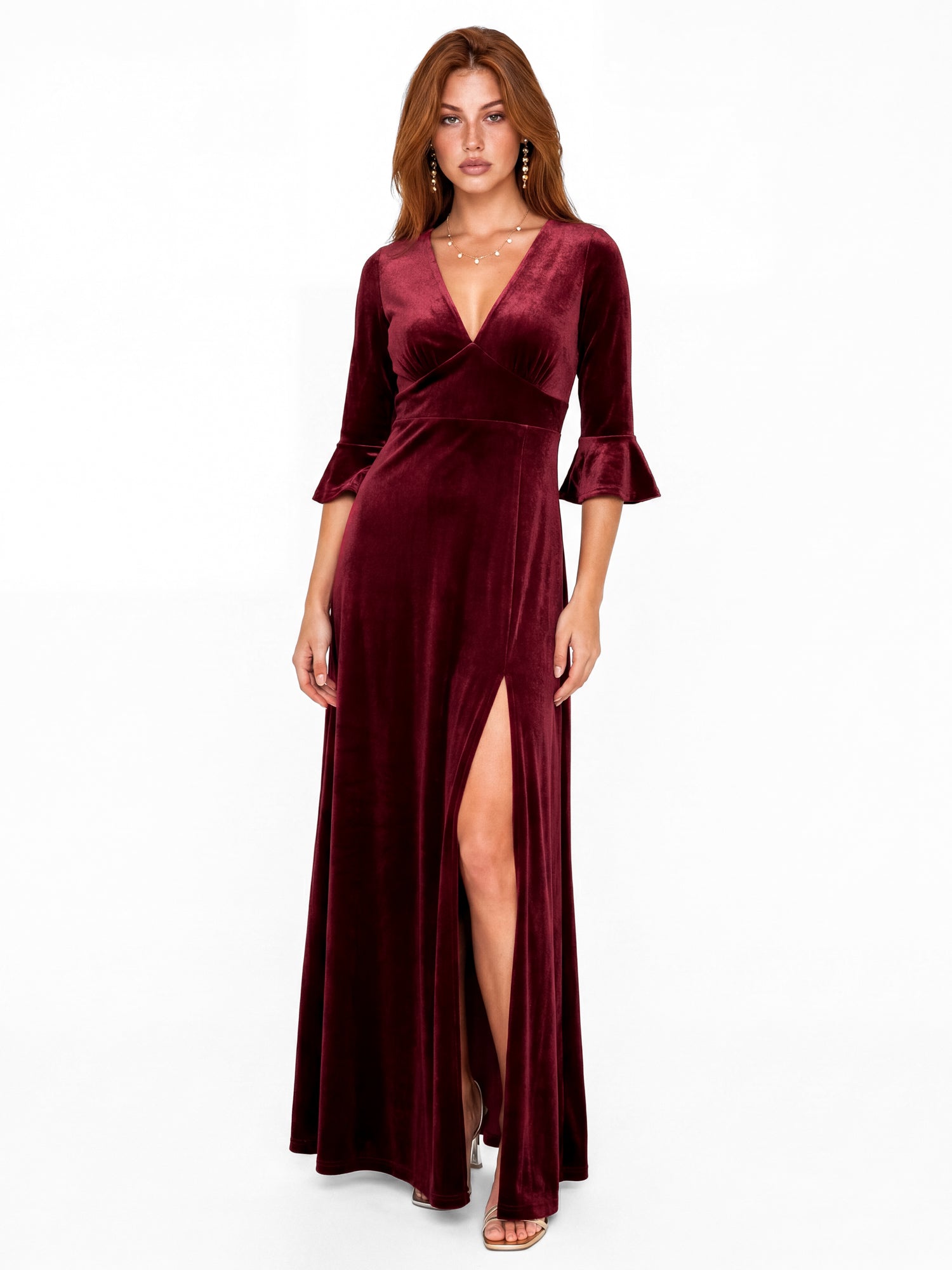 Maya Cranberry V Neck 3/4 Flute Sleeve Velvet Maxi Dress