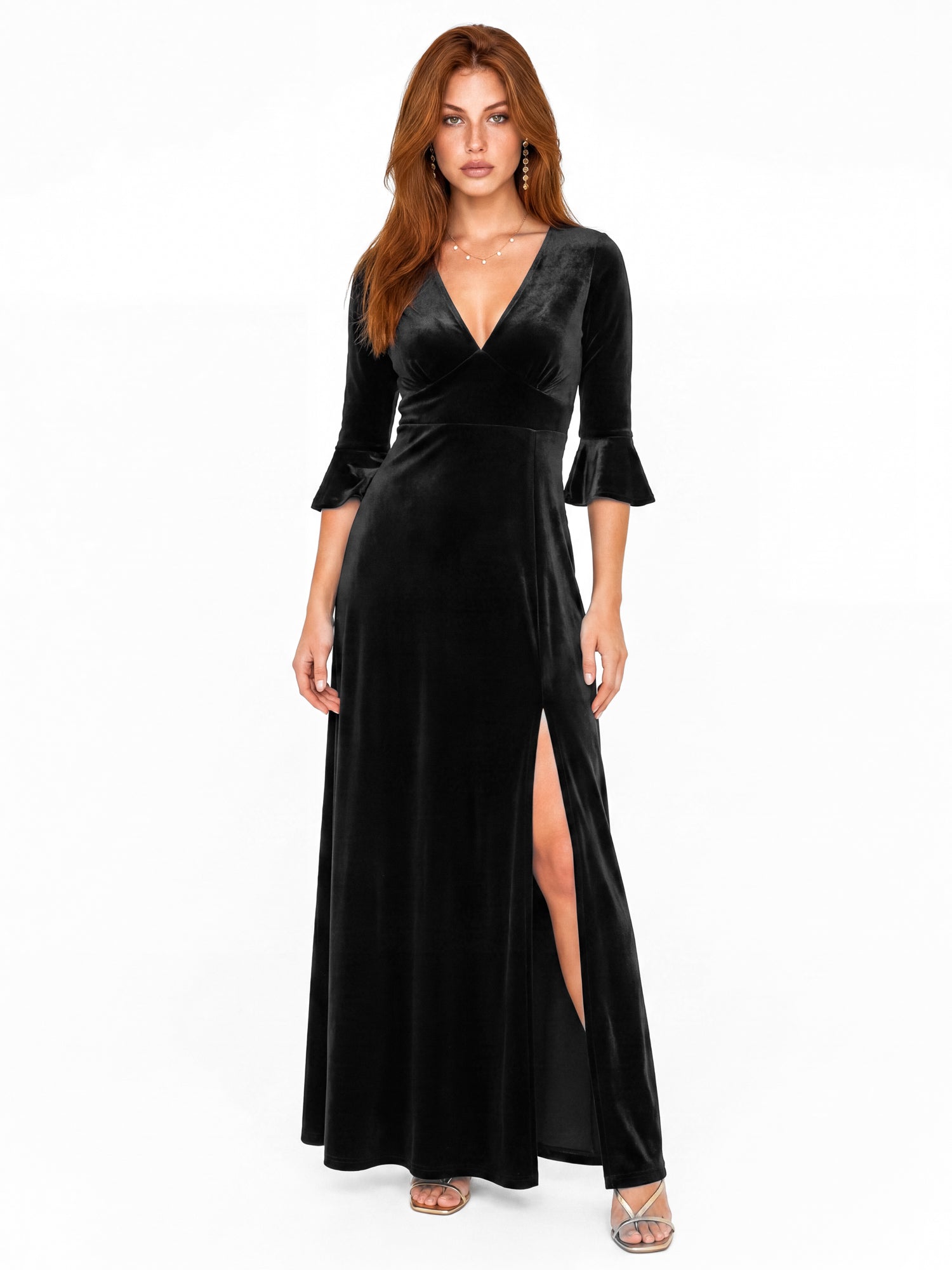 Maya Black V Neck 3/4 Flute Sleeve Velvet Maxi Dress