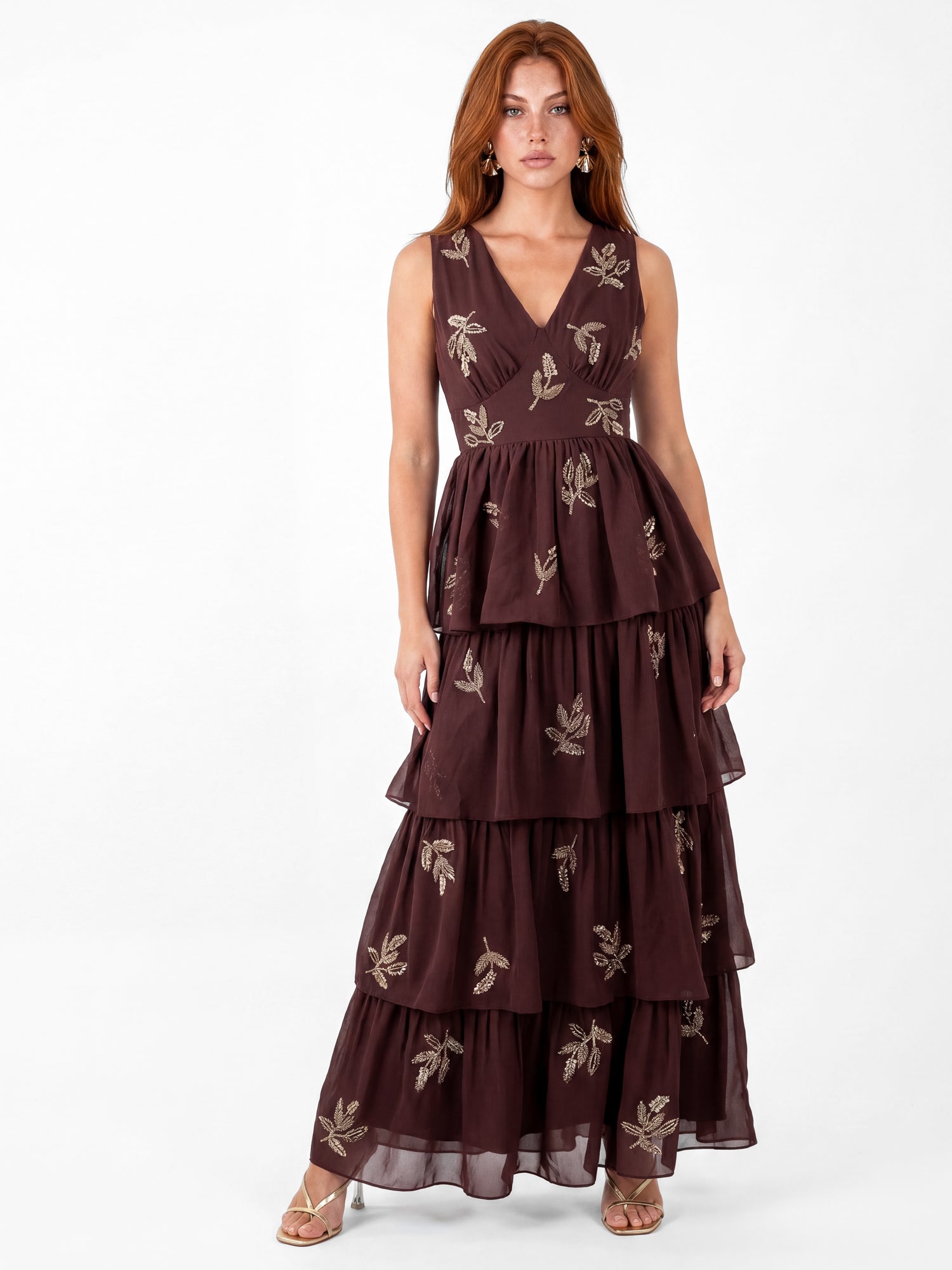 Maya Espresso Leaf Embellished Sleeveless Tiered Maxi Dress – Plaza Collection