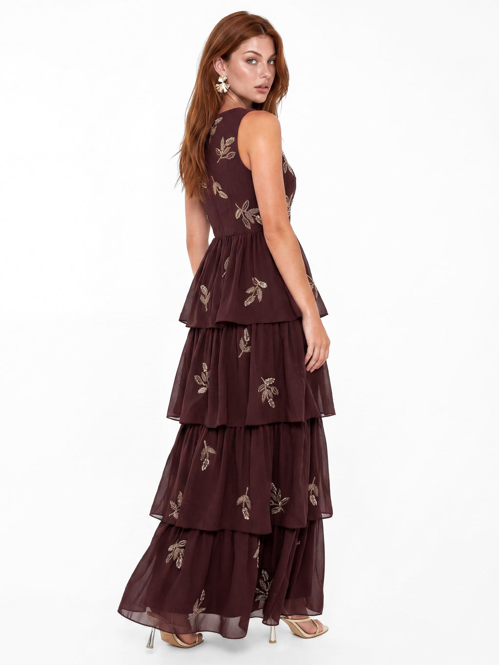 Maya Espresso Leaf Embellished Sleeveless Tiered Maxi Dress