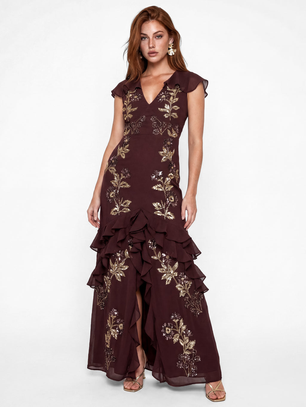 Maya Espresso Cape Sleeve Embellished Maxi Dress