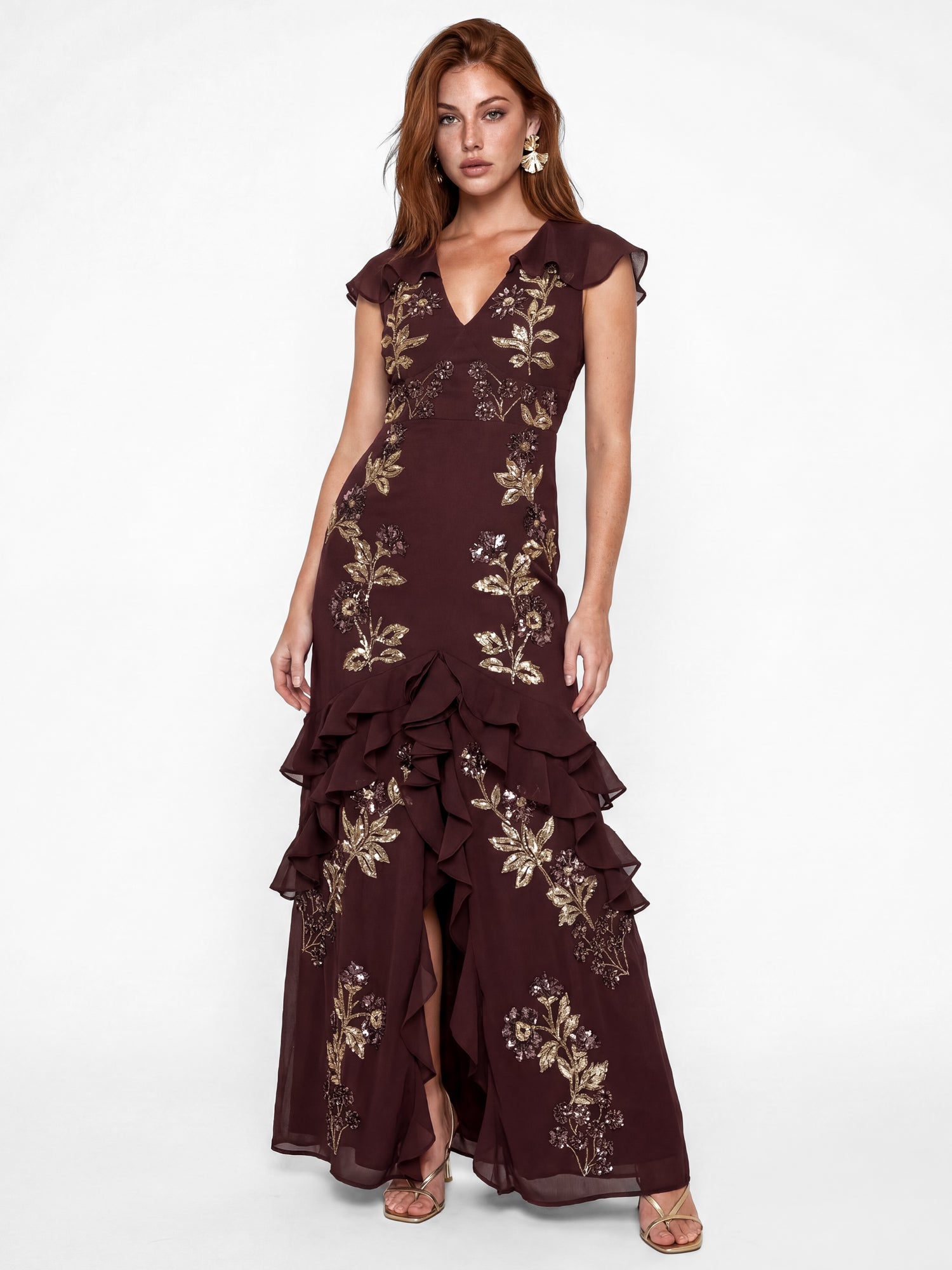 Maya Espresso Cape Sleeve Embellished Maxi Dress