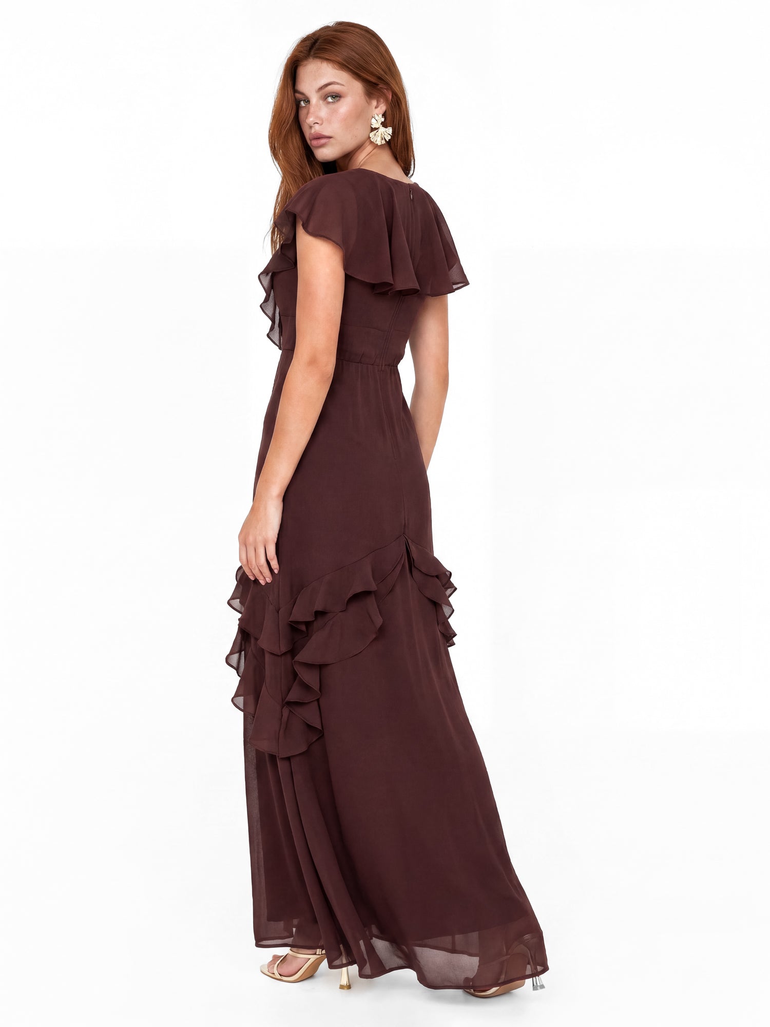 Maya Espresso Cape Sleeve Embellished Maxi Dress