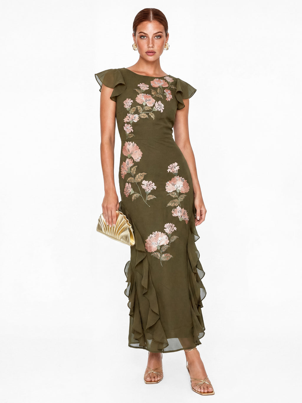Maya Deep Olive Floral Embroidery V-Back Ruffle Midaxi Dress