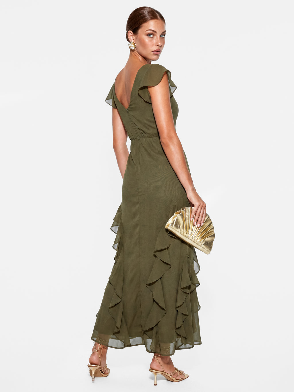 Maya Deep Olive Floral Embroidery V-Back Ruffle Midaxi Dress
