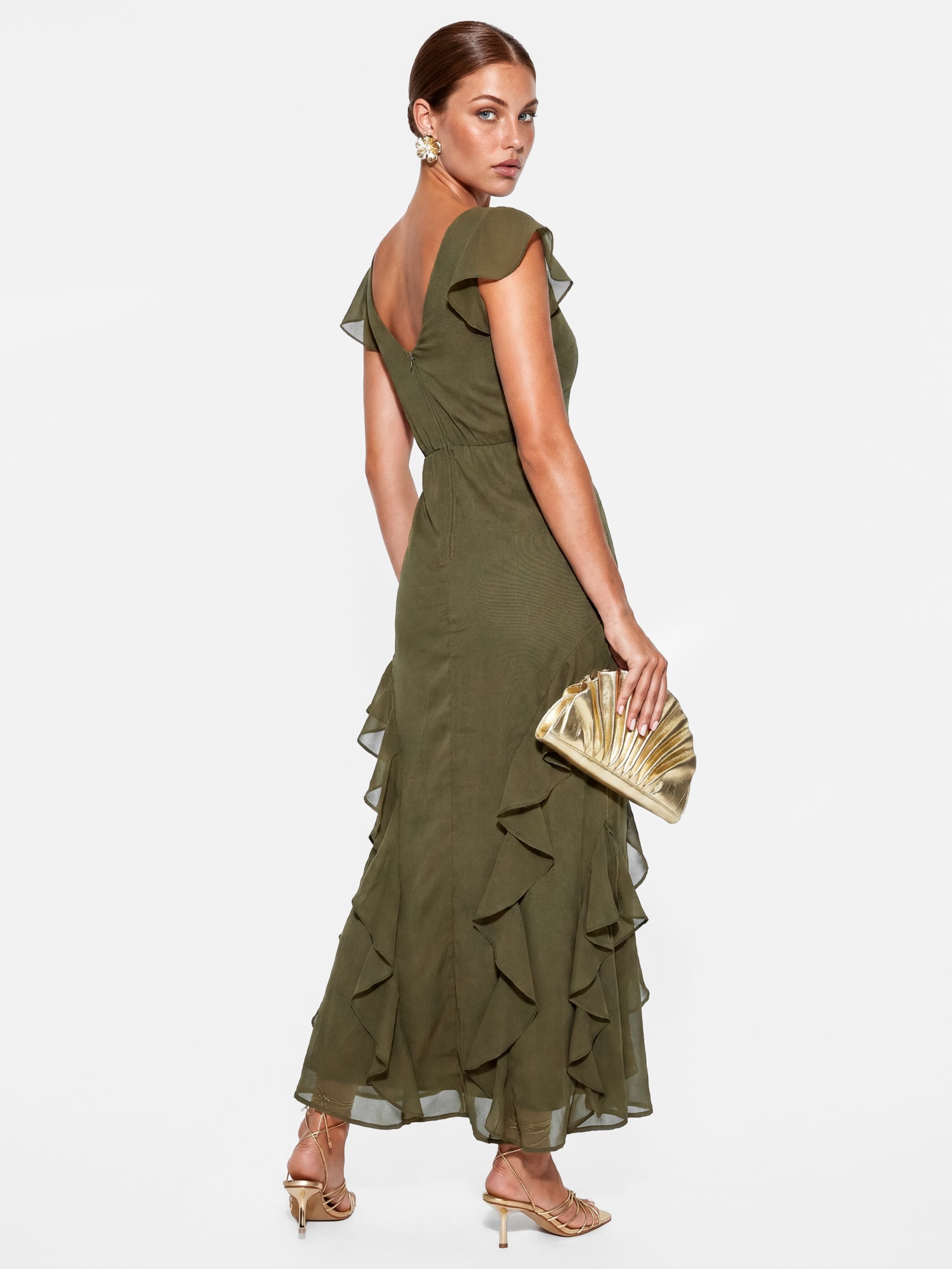 Maya Deep Olive Floral Embroidery V-Back Ruffle Midaxi Dress