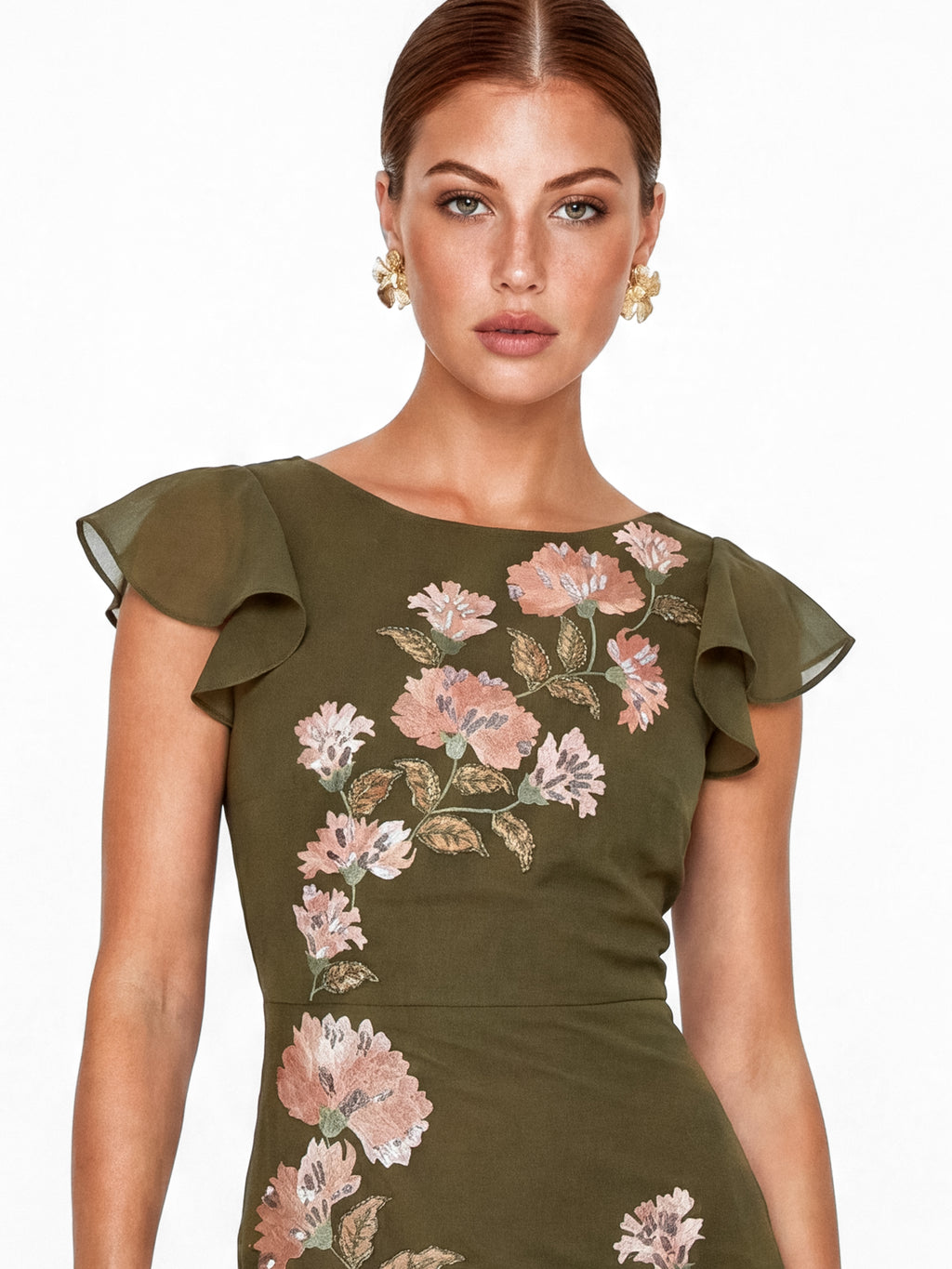 Maya Deep Olive Floral Embroidery V-Back Ruffle Midaxi Dress