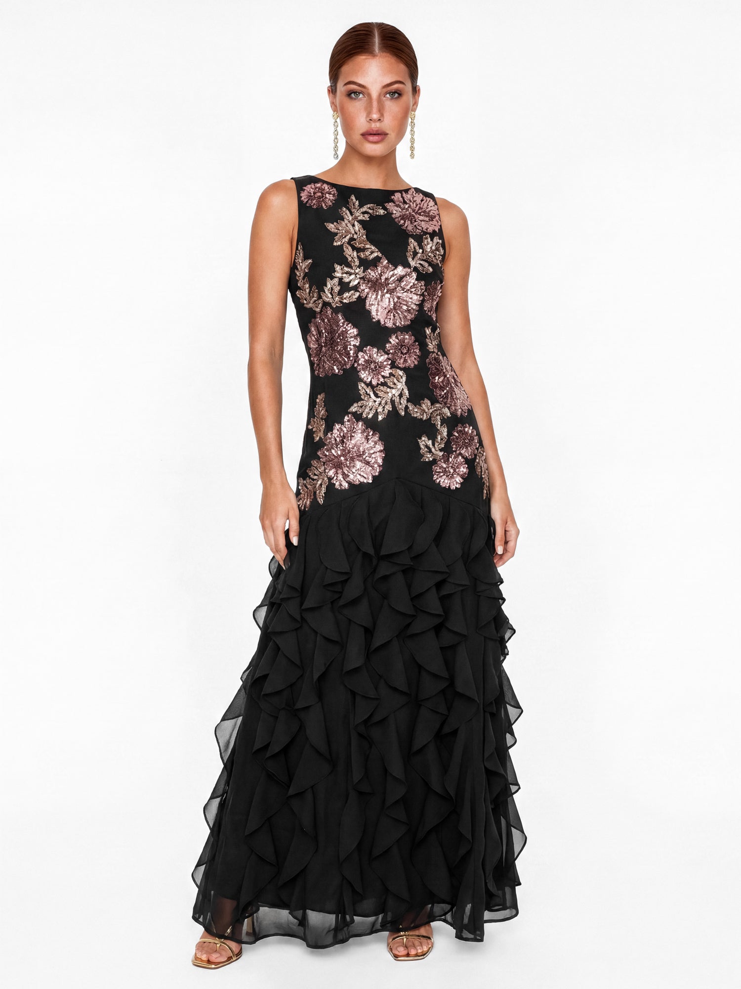 Maya Black Embellished Waterfall Ruffle Sleeveless Maxi Dress