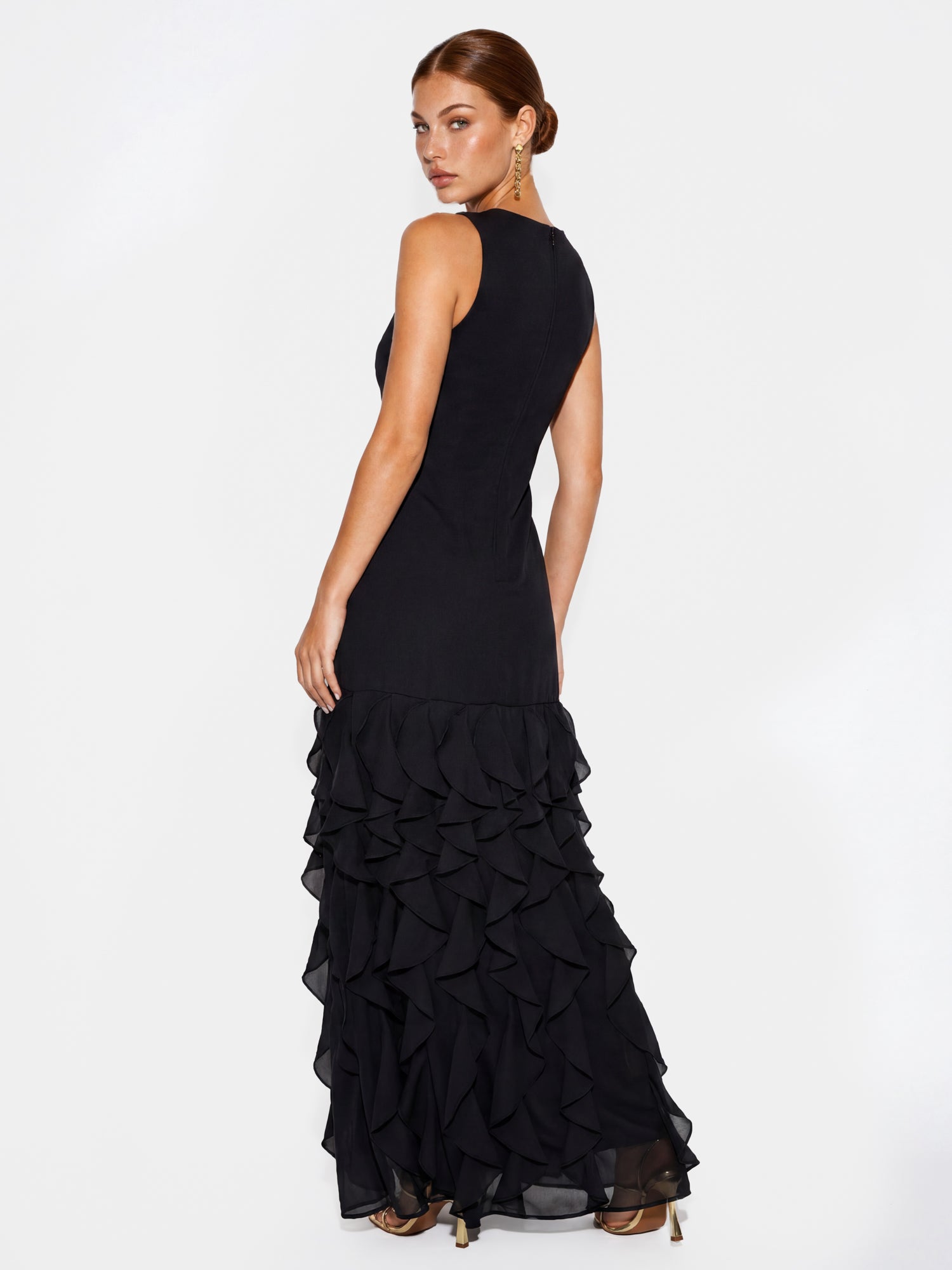 Maya Black Embellished Waterfall Ruffle Sleeveless Maxi Dress