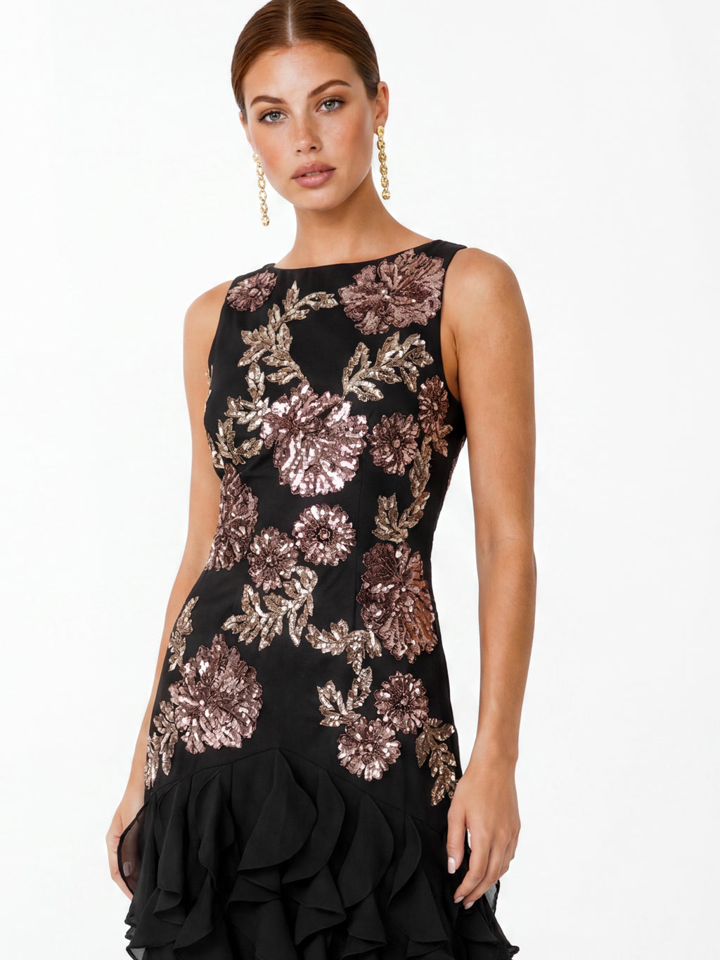 Maya Black Embellished Waterfall Ruffle Sleeveless Maxi Dress