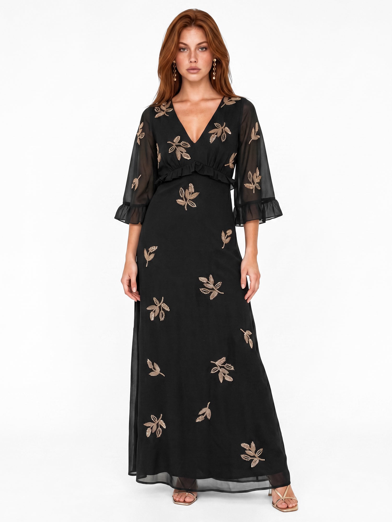 Maya Black Leaf Embellished 3/4 Bell Sleeve Maxi Dress