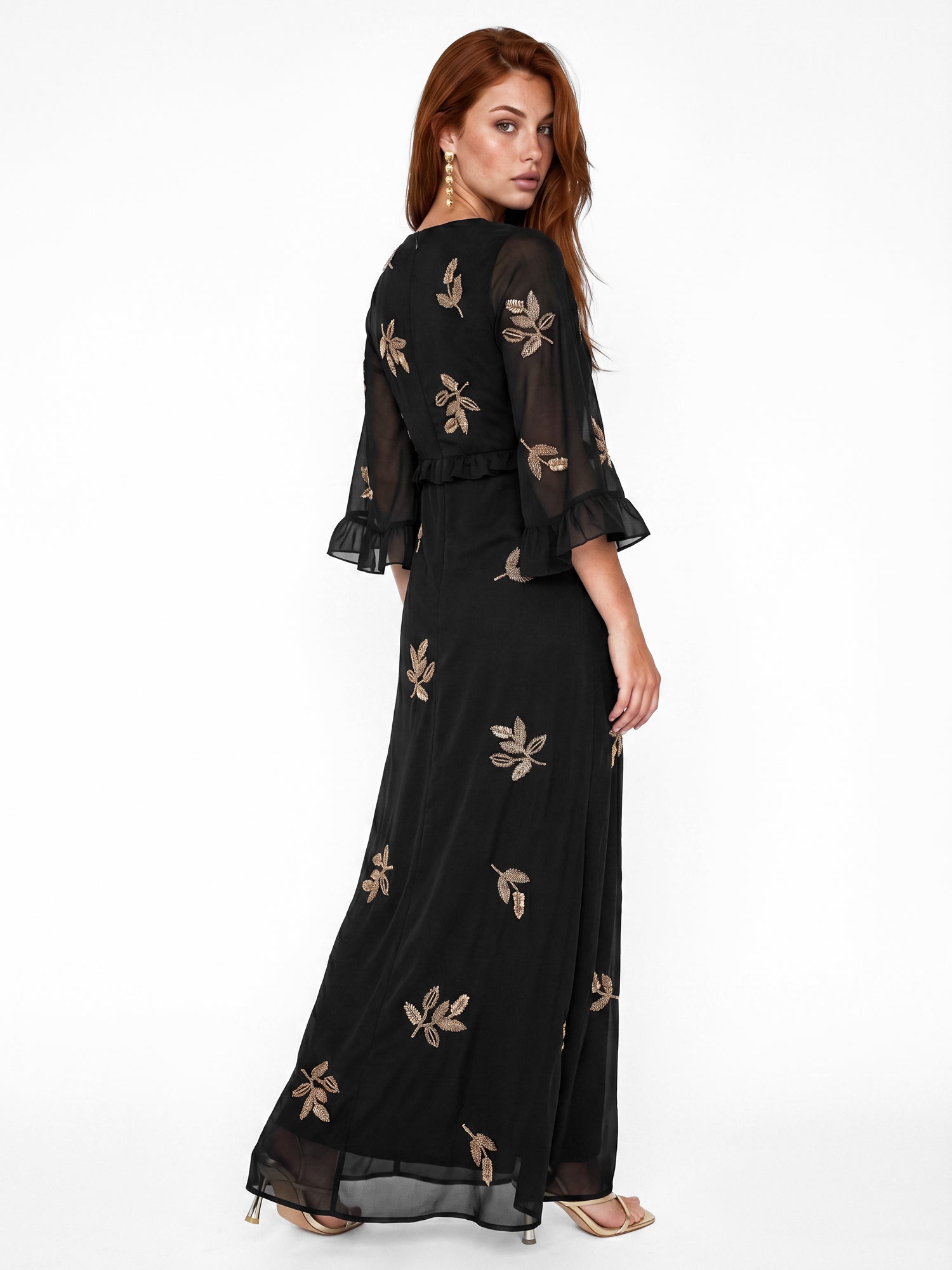 Maya Black Leaf Embellished 3/4 Bell Sleeve Maxi Dress