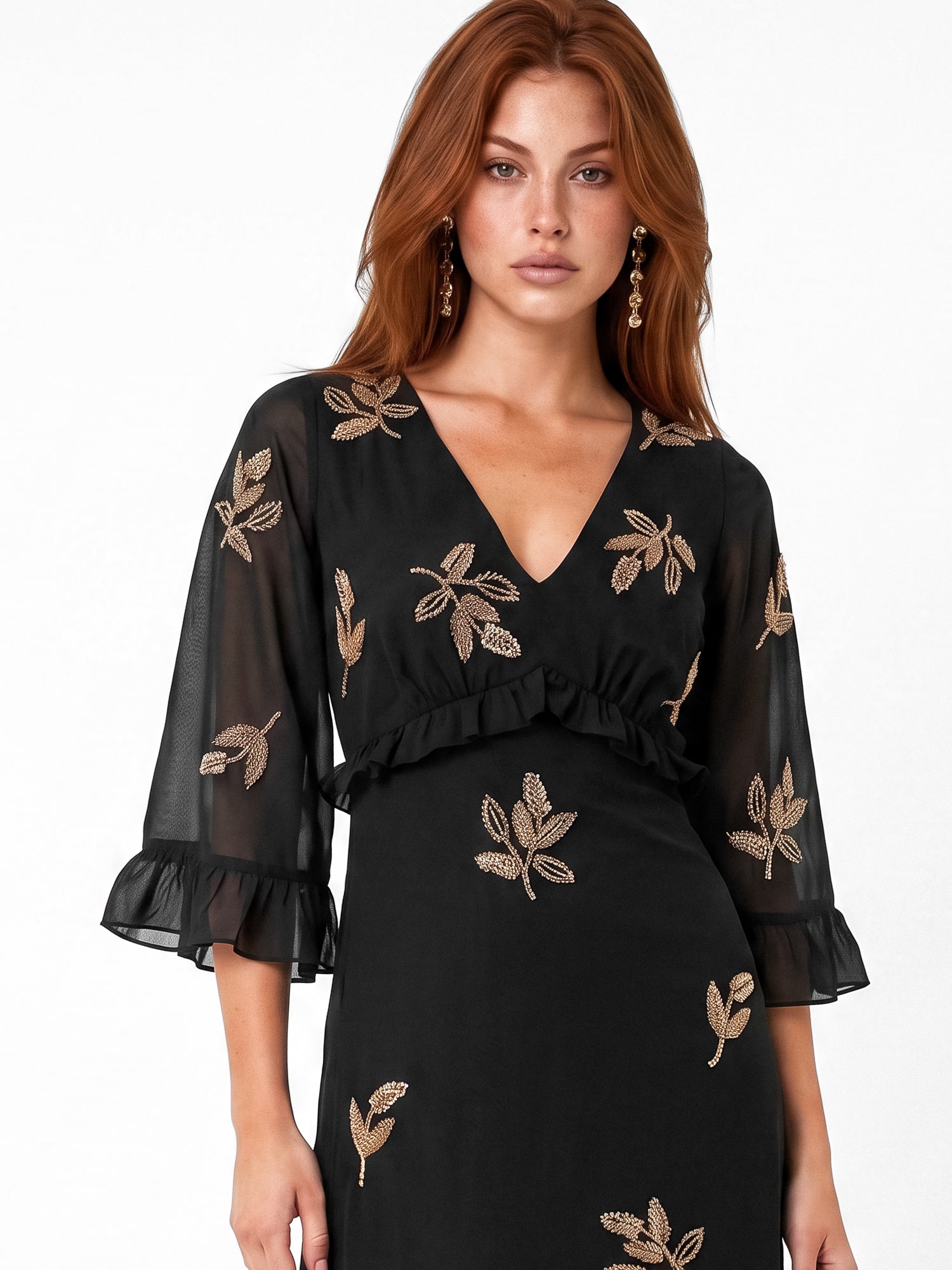 Maya Black Leaf Embellished 3/4 Bell Sleeve Maxi Dress