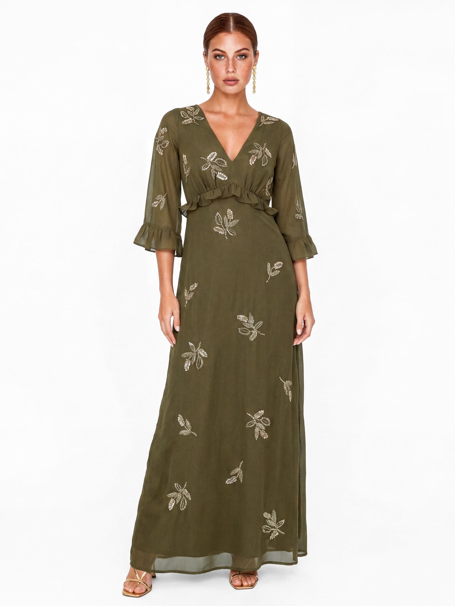 Maya Deep Olive Leaf Embellished 3/4 Bell Sleeve Maxi Dress