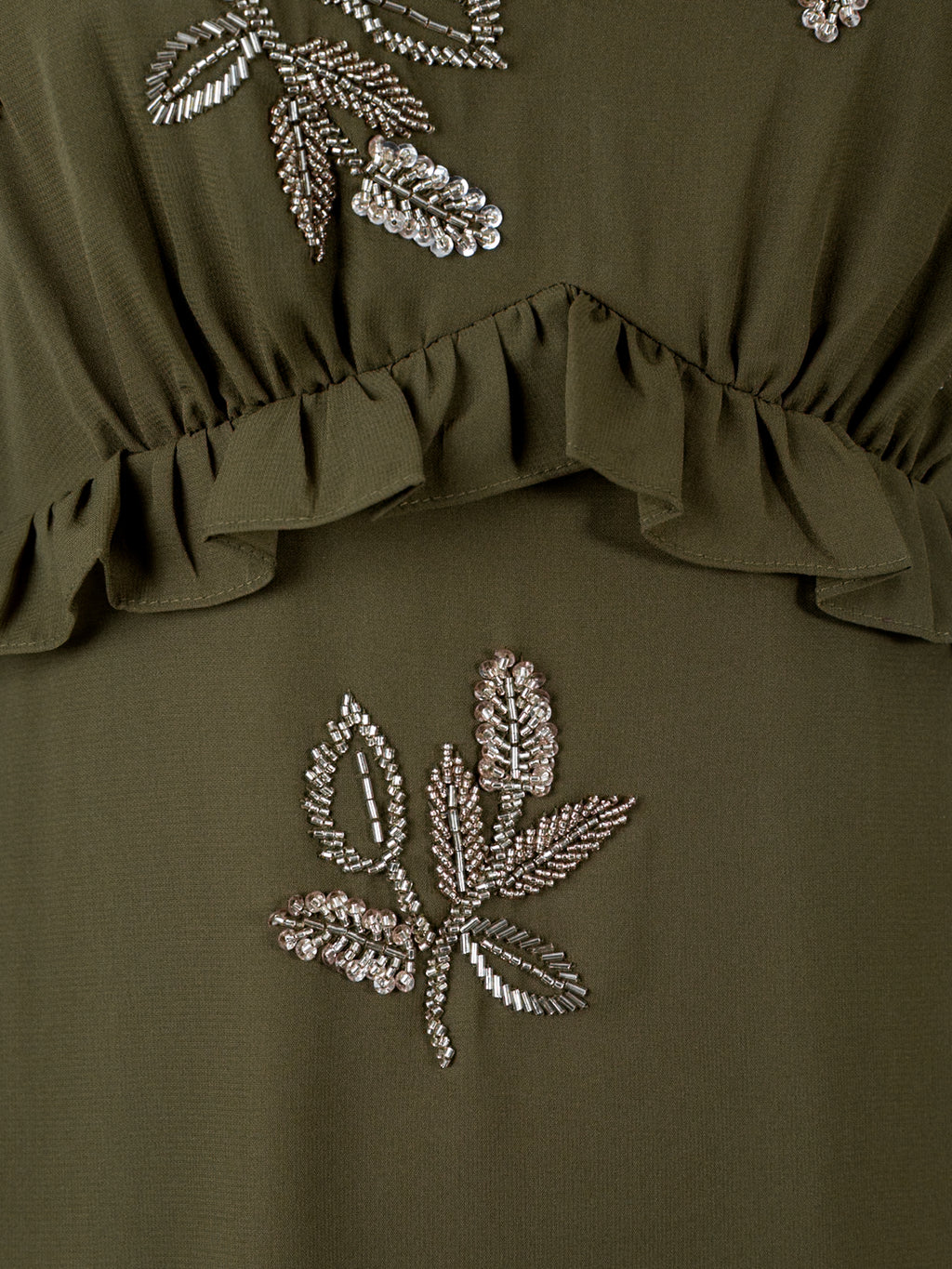 Maya Deep Olive Leaf Embellished 3/4 Bell Sleeve Maxi Dress