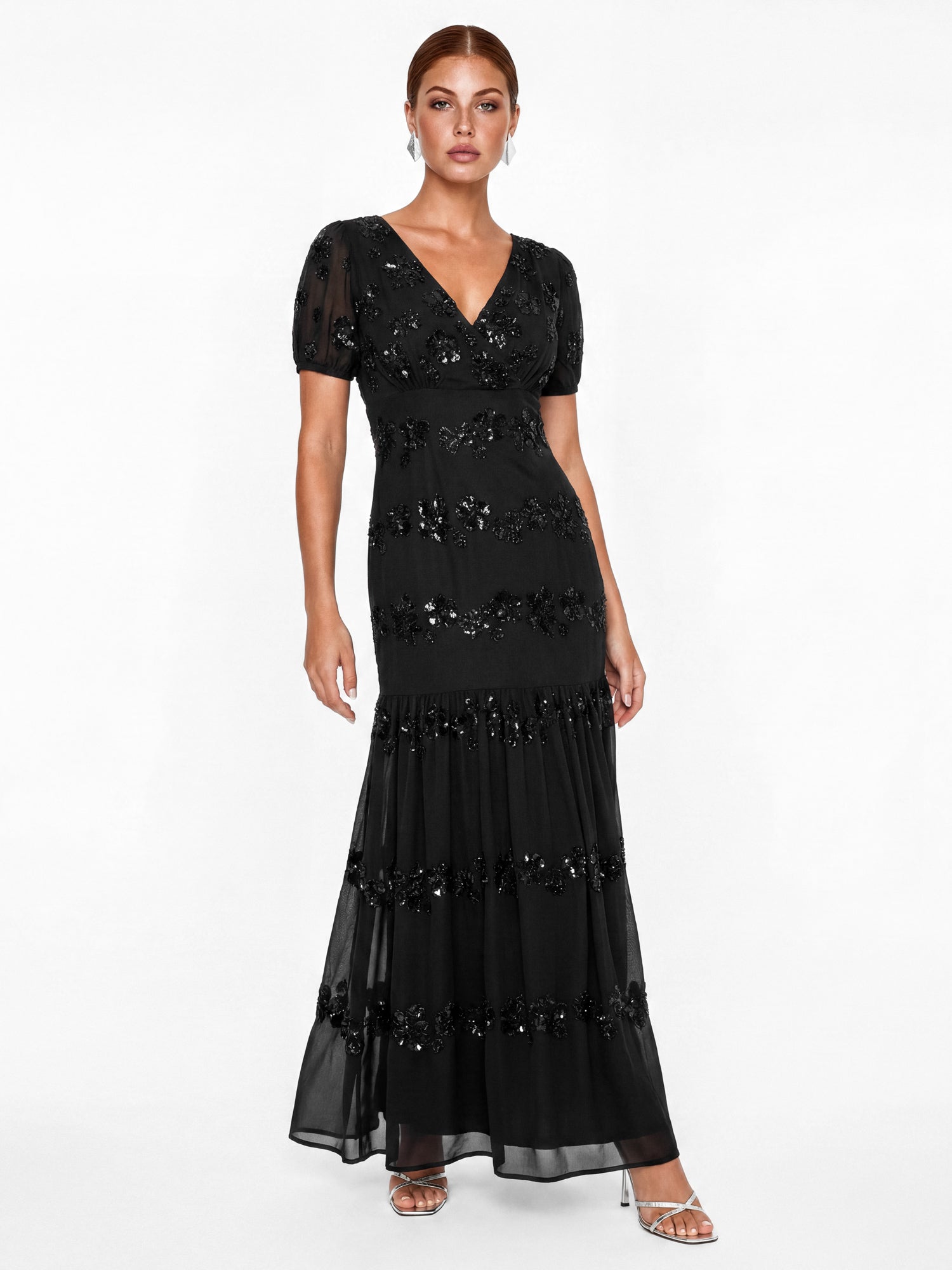 Maya Black Embellished Short Sleeve Maxi Dress