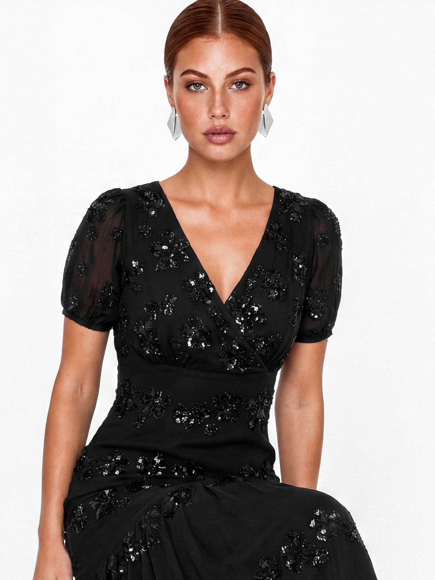 Maya Black Embellished Short Sleeve Maxi Dress