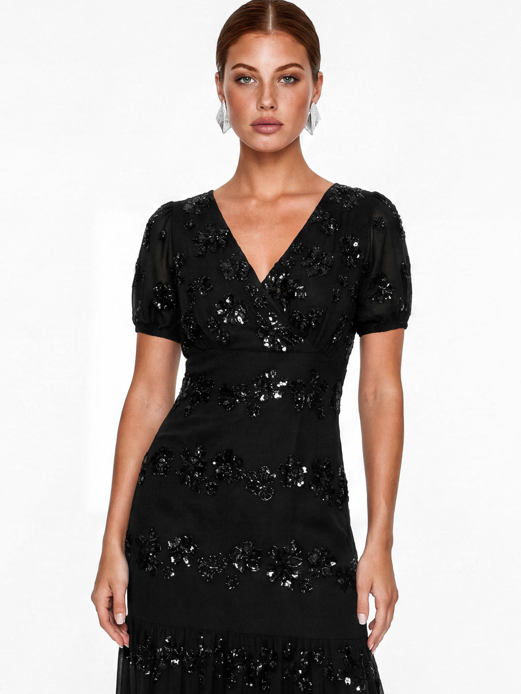 Maya Black Embellished Short Sleeve Maxi Dress