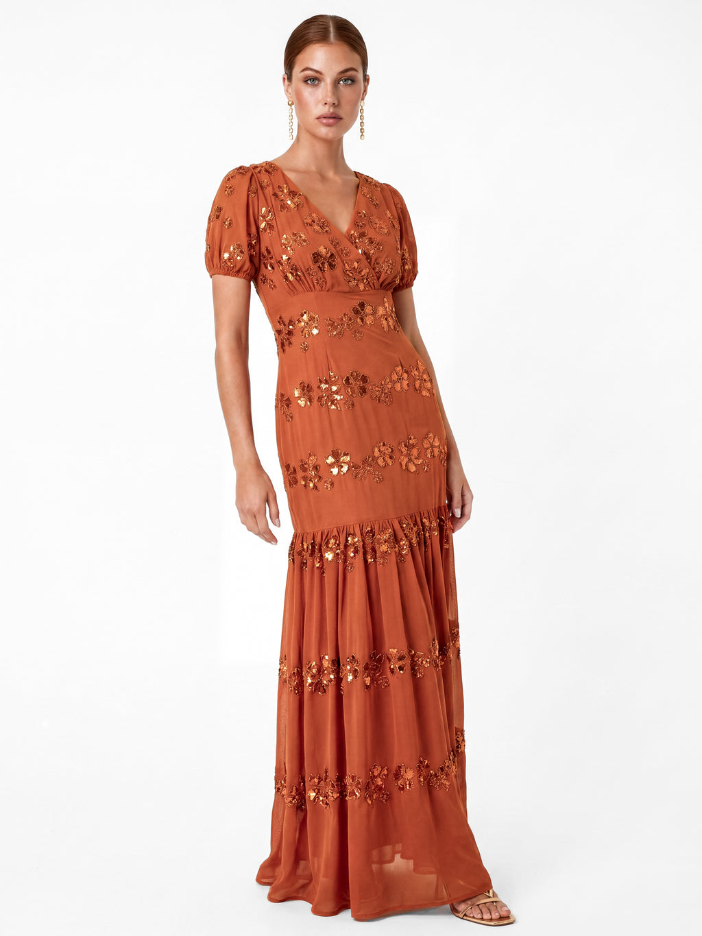 Maya Burnt Orange Embellished Short Sleeve Maxi Dress