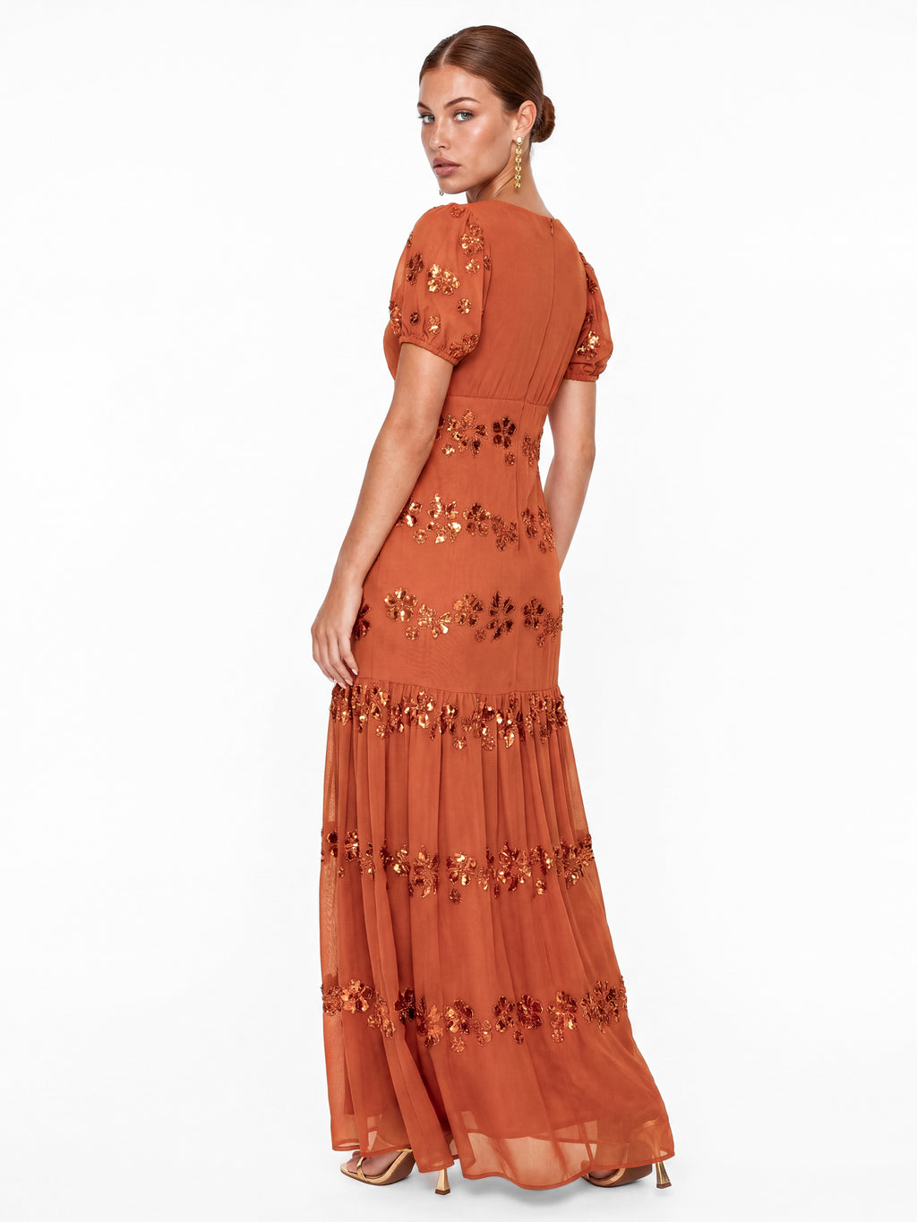 Maya Burnt Orange Embellished Short Sleeve Maxi Dress