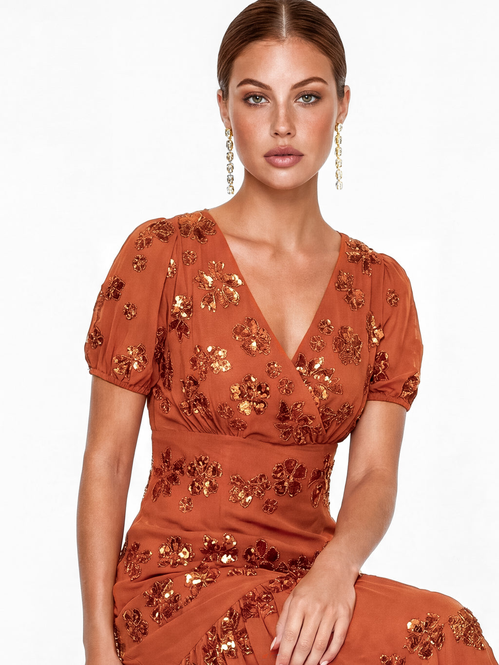 Maya Burnt Orange Embellished Short Sleeve Maxi Dress