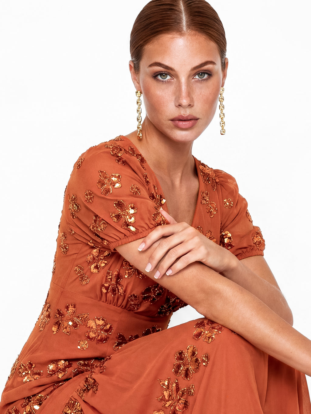 Maya Burnt Orange Embellished Short Sleeve Maxi Dress