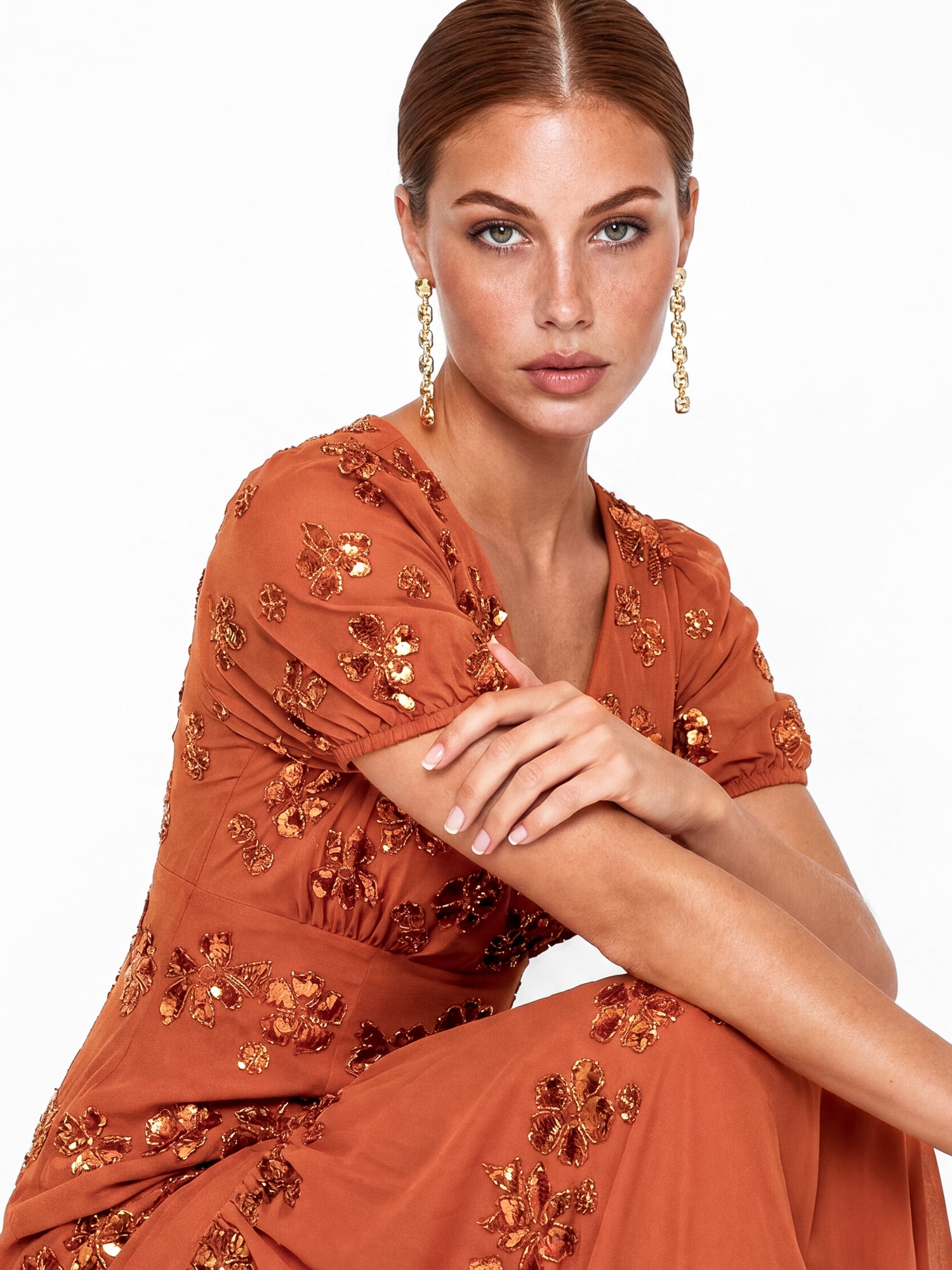 Maya Burnt Orange Embellished Short Sleeve Maxi Dress