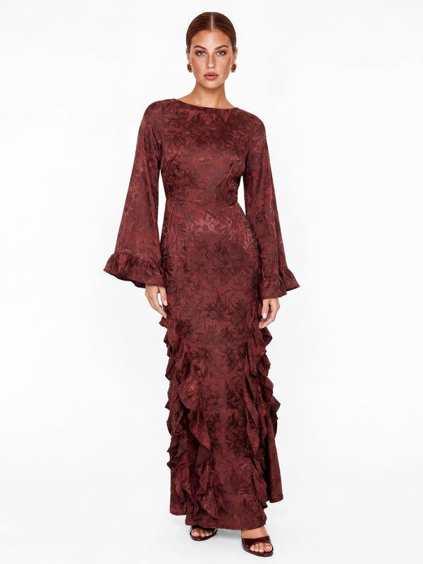 Maya Dark Red Floral Jacquard Waterfall Ruffle Satin Maxi Dress - Wholesale boho from Plaza Collection, United Kingdom
