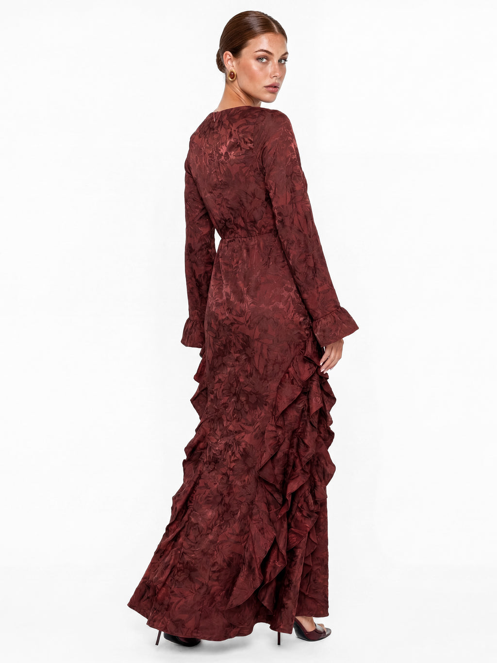 Maya Dark Red Floral Jacquard Waterfall Ruffle Satin Maxi Dress