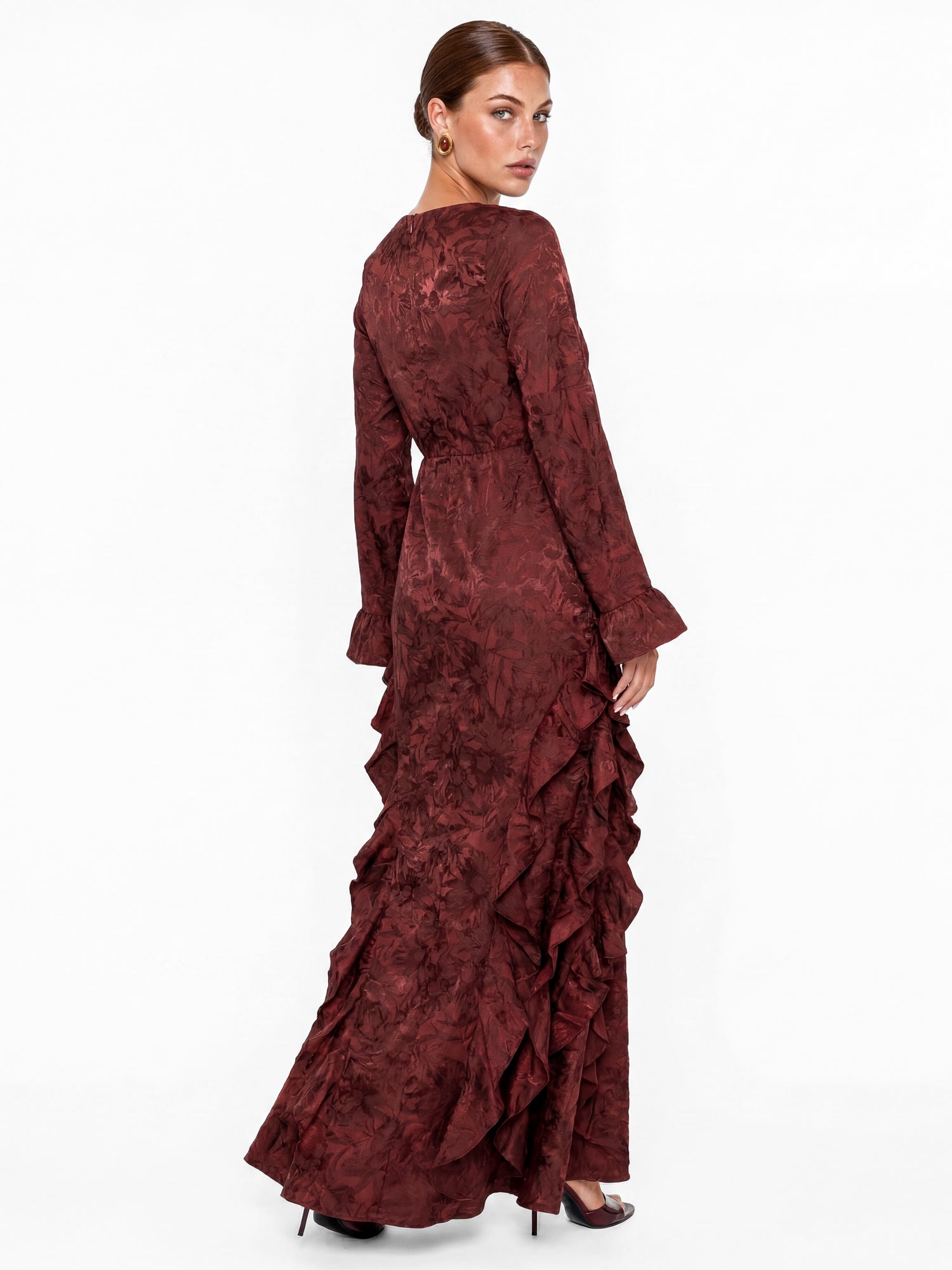 Maya Dark Red Floral Jacquard Waterfall Ruffle Satin Maxi Dress