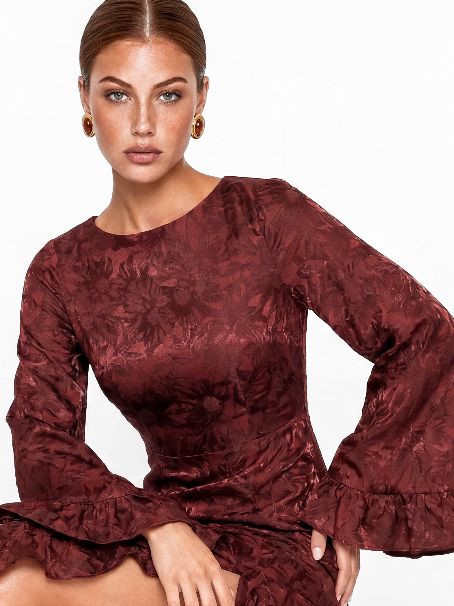 Maya Dark Red Floral Jacquard Waterfall Ruffle Satin Maxi Dress