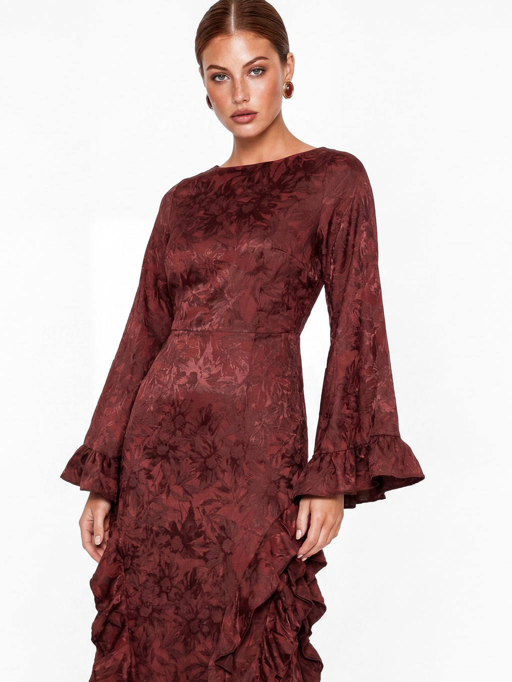 Maya Dark Red Floral Jacquard Waterfall Ruffle Satin Maxi Dress